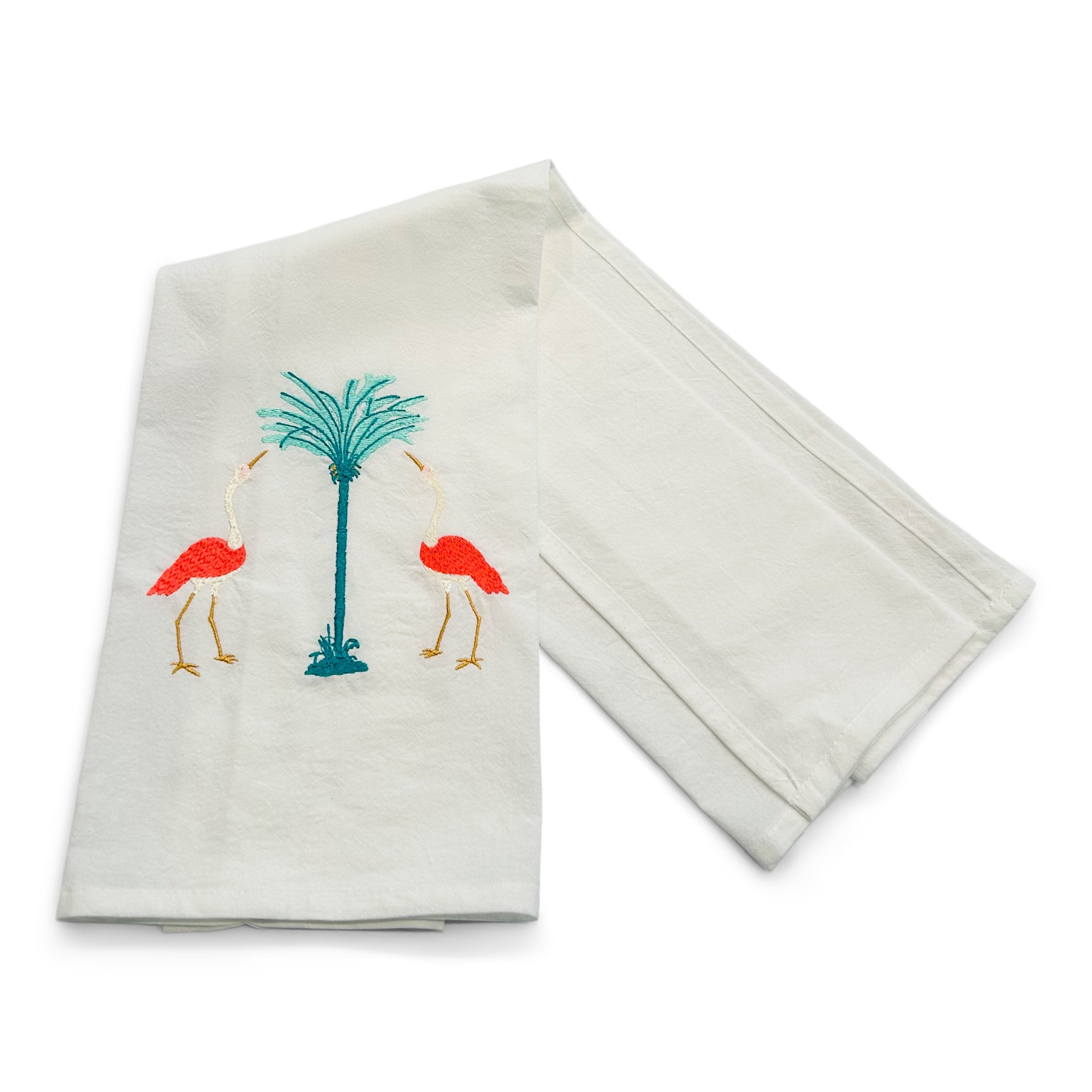 Cranes (Coral) with Teal Palm Trees on white