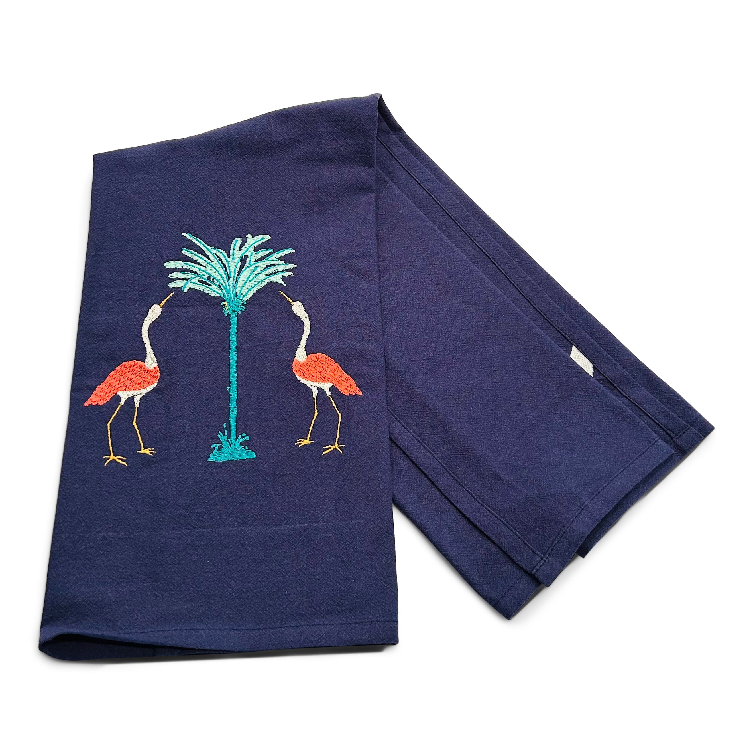 Cranes (Coral) with Teal Palm Trees on navy