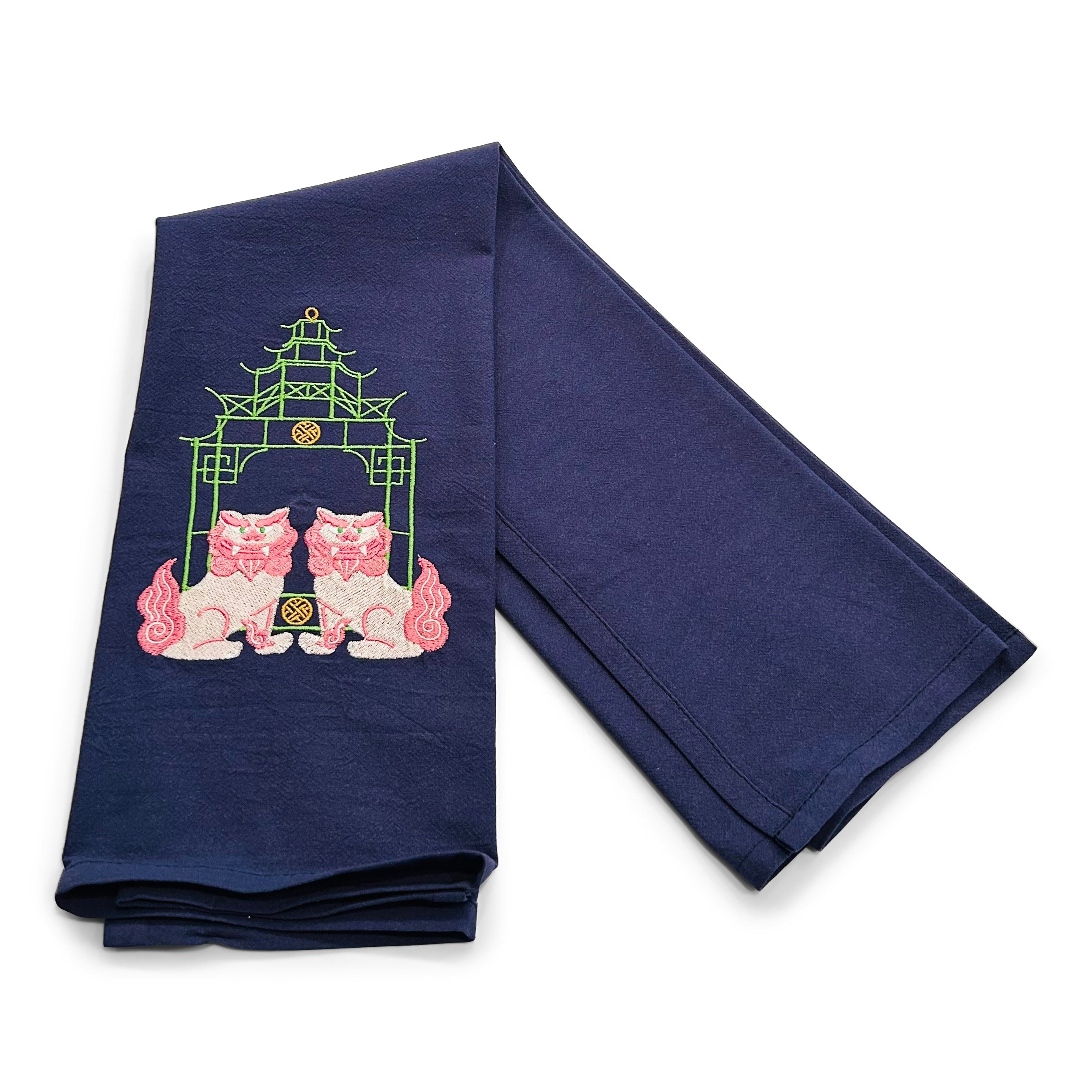 Pink Shisa Lions with Green Pagoda on navy