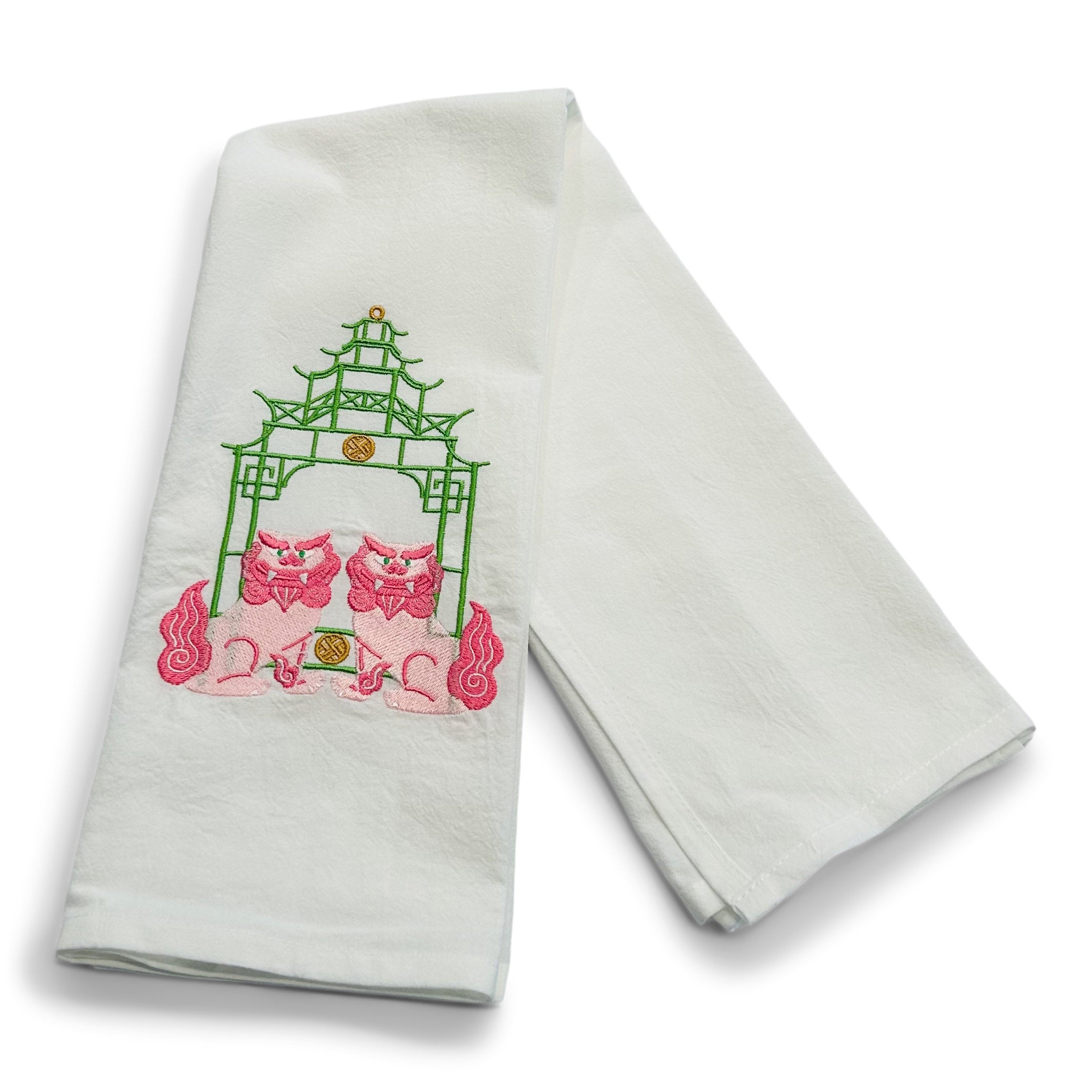 Pink Shisa Lions with Green Pagoda on white