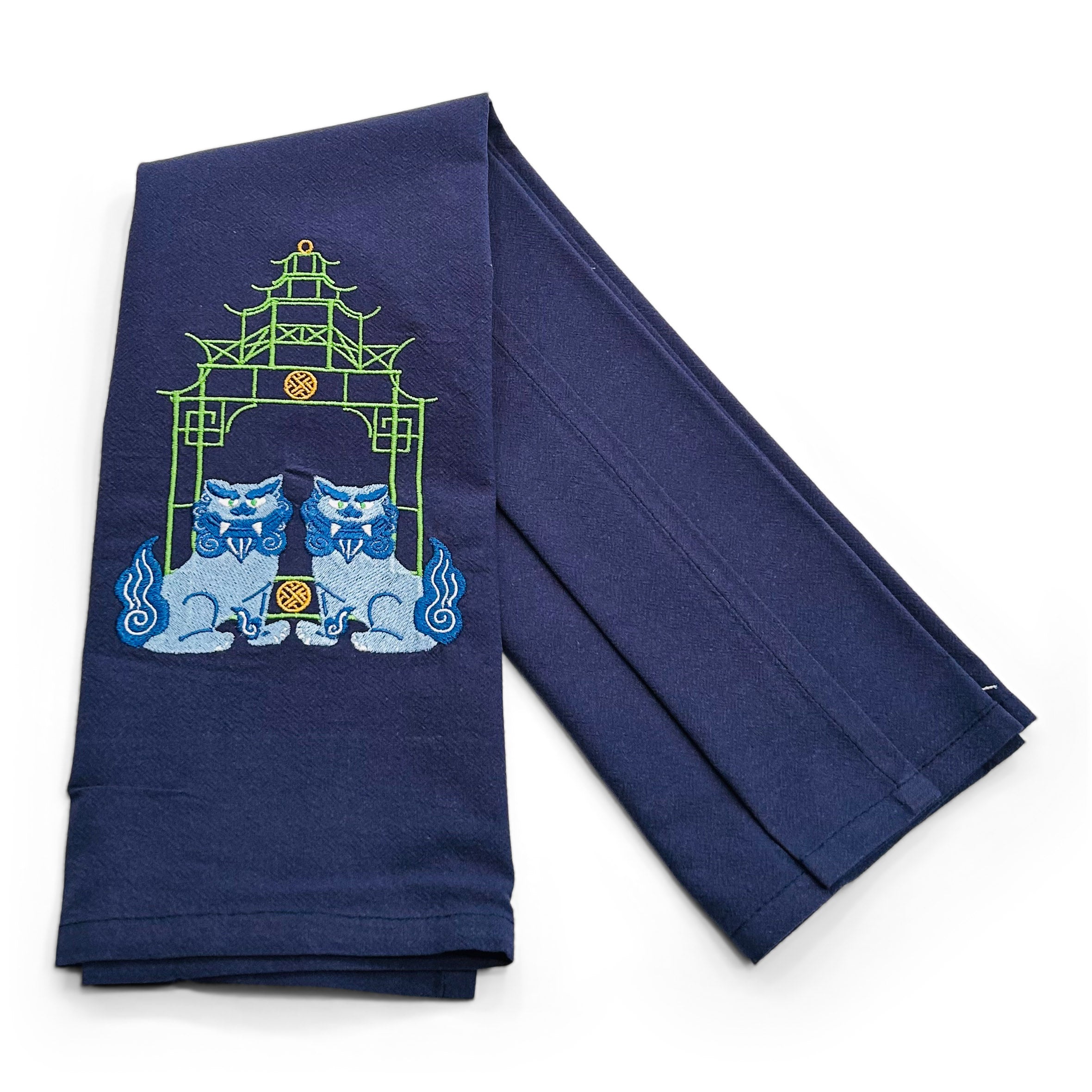 Blue Shisa Lions with Green Pagoda on navy