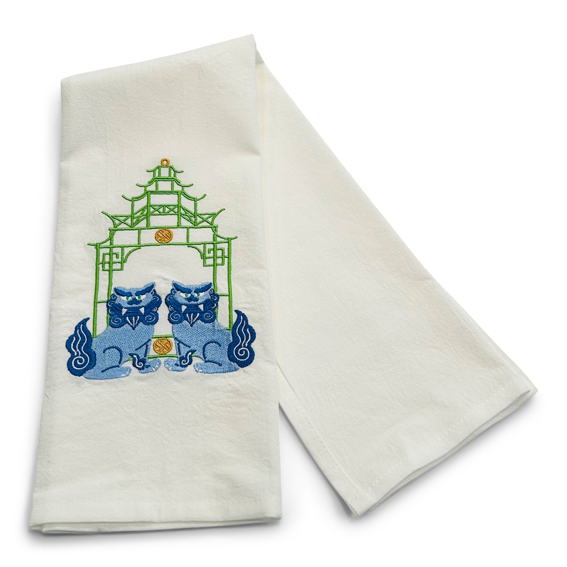 Blue Shisa Lions with Green Pagoda on white