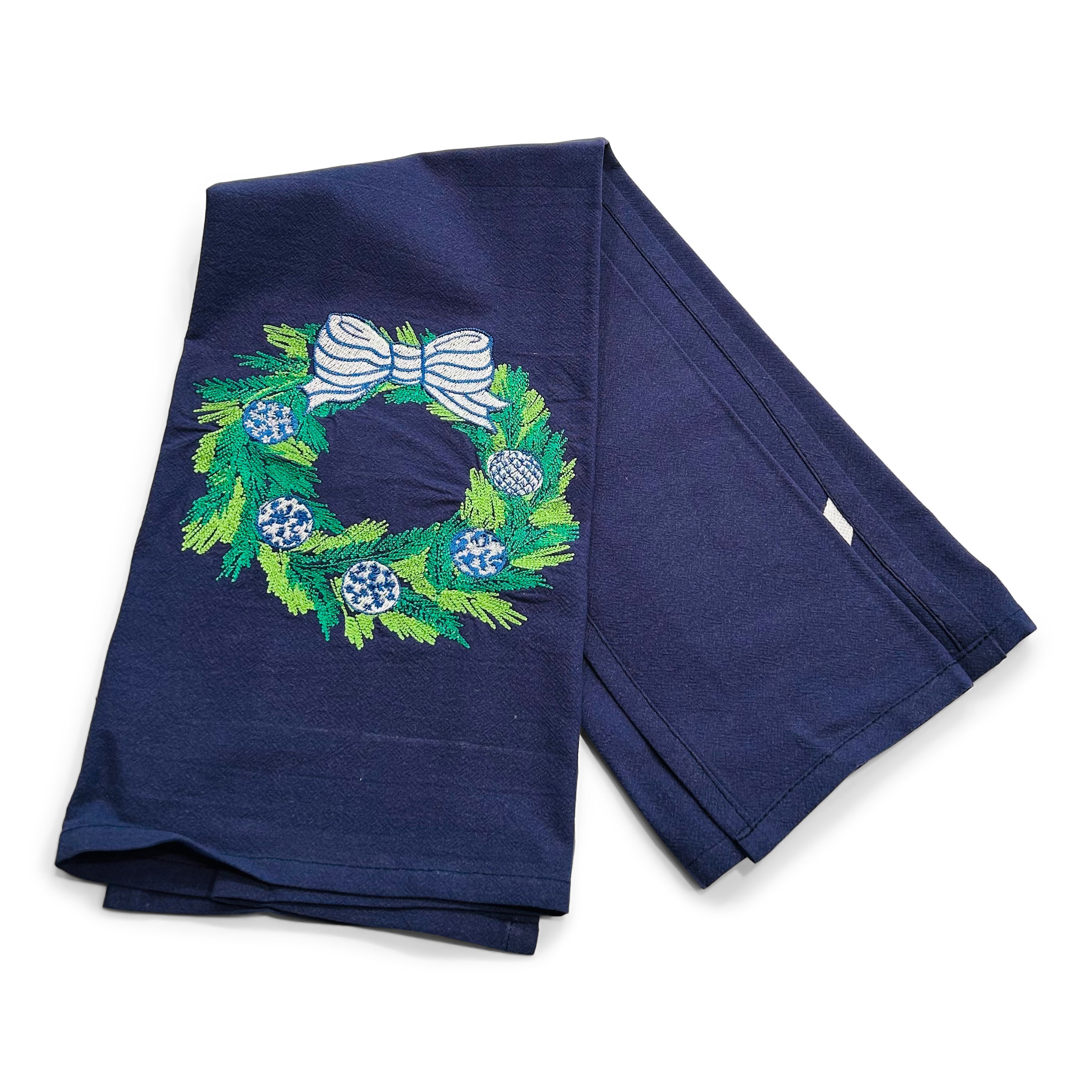 Chinoiserie Wreath with Blue Ornaments on navy