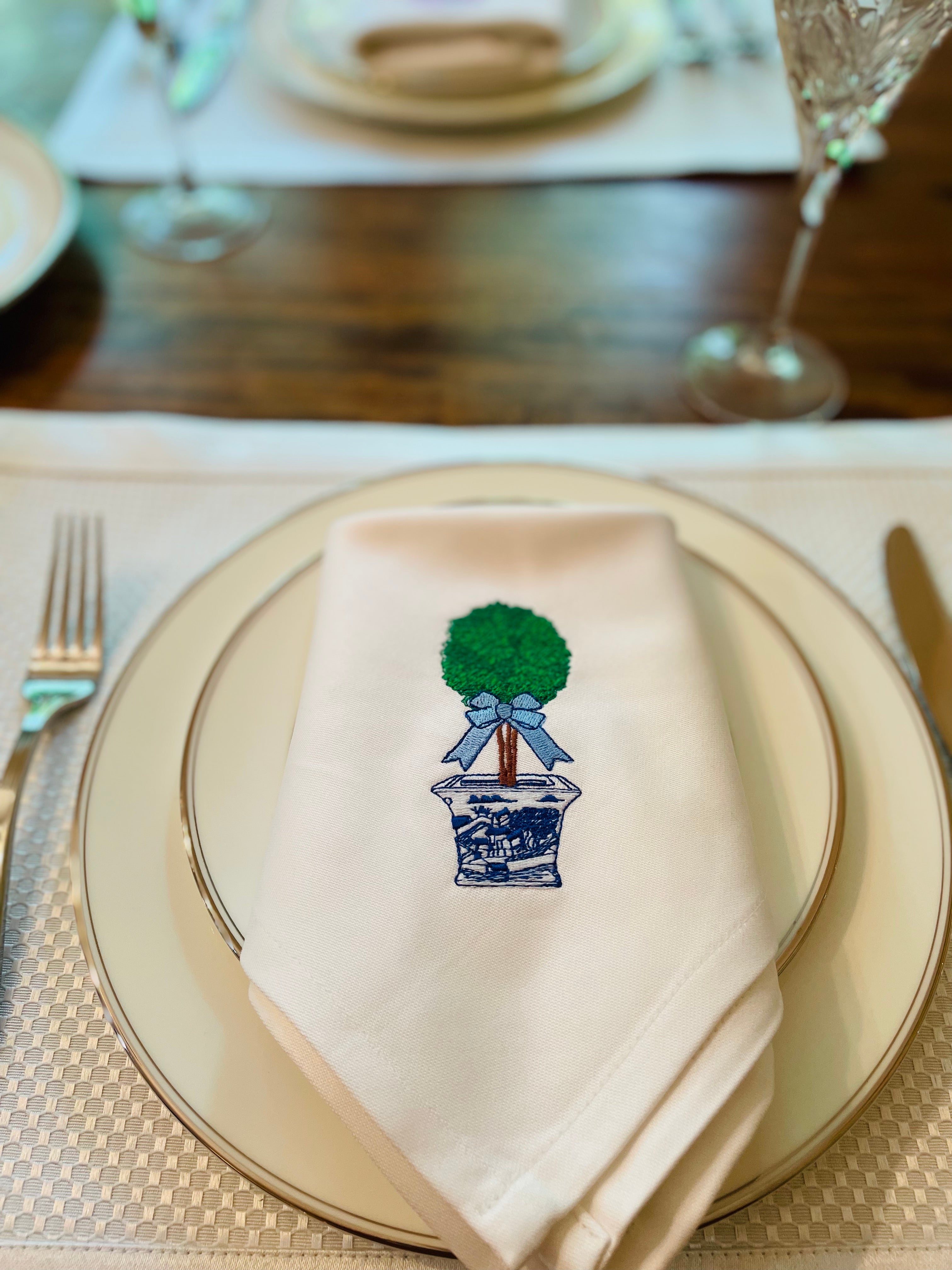 Napkin - Single - Topiary with Blue Bow