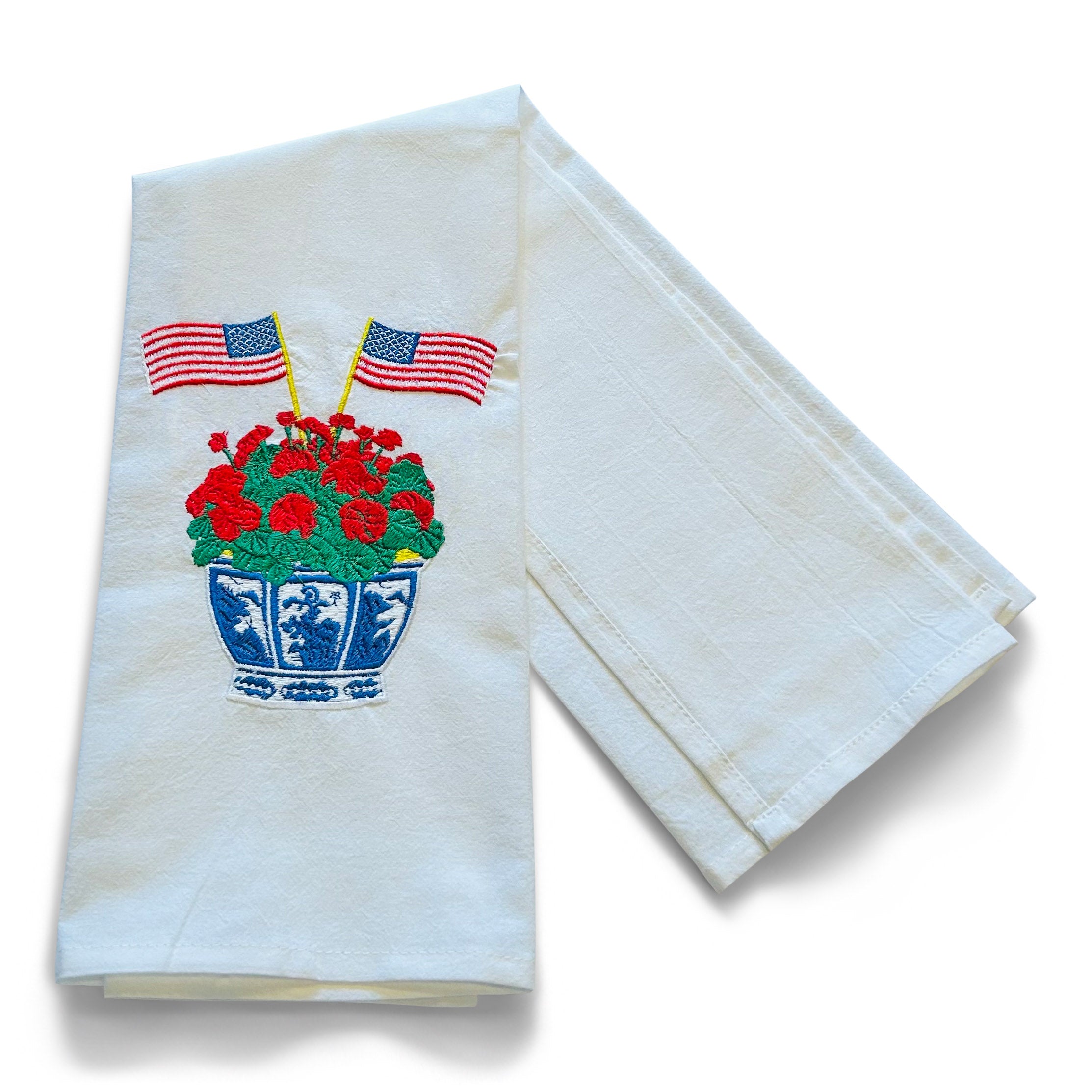 Geranium in Planter with American Flags