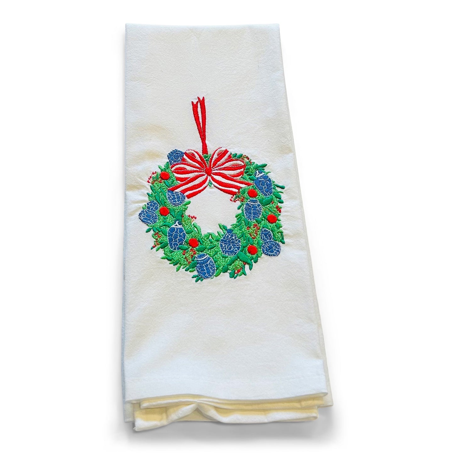 Chinoiserie Wreath with Ginger Jar Ornaments - Red Bow