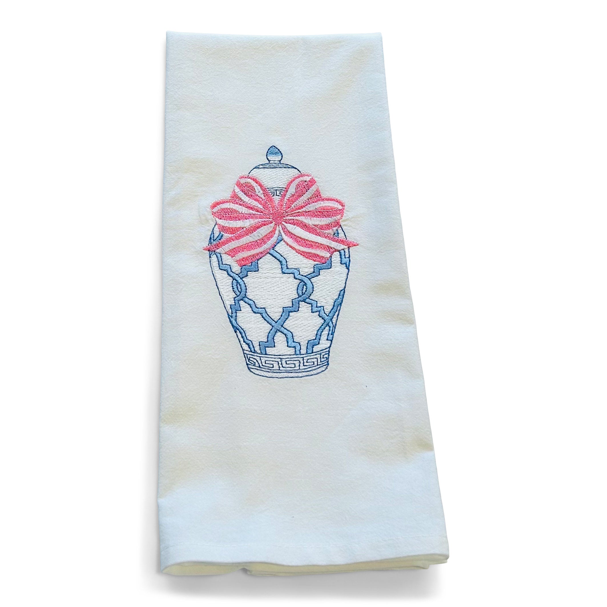Chinoiserie Ginger Jar with Pink Bow Dish Towel