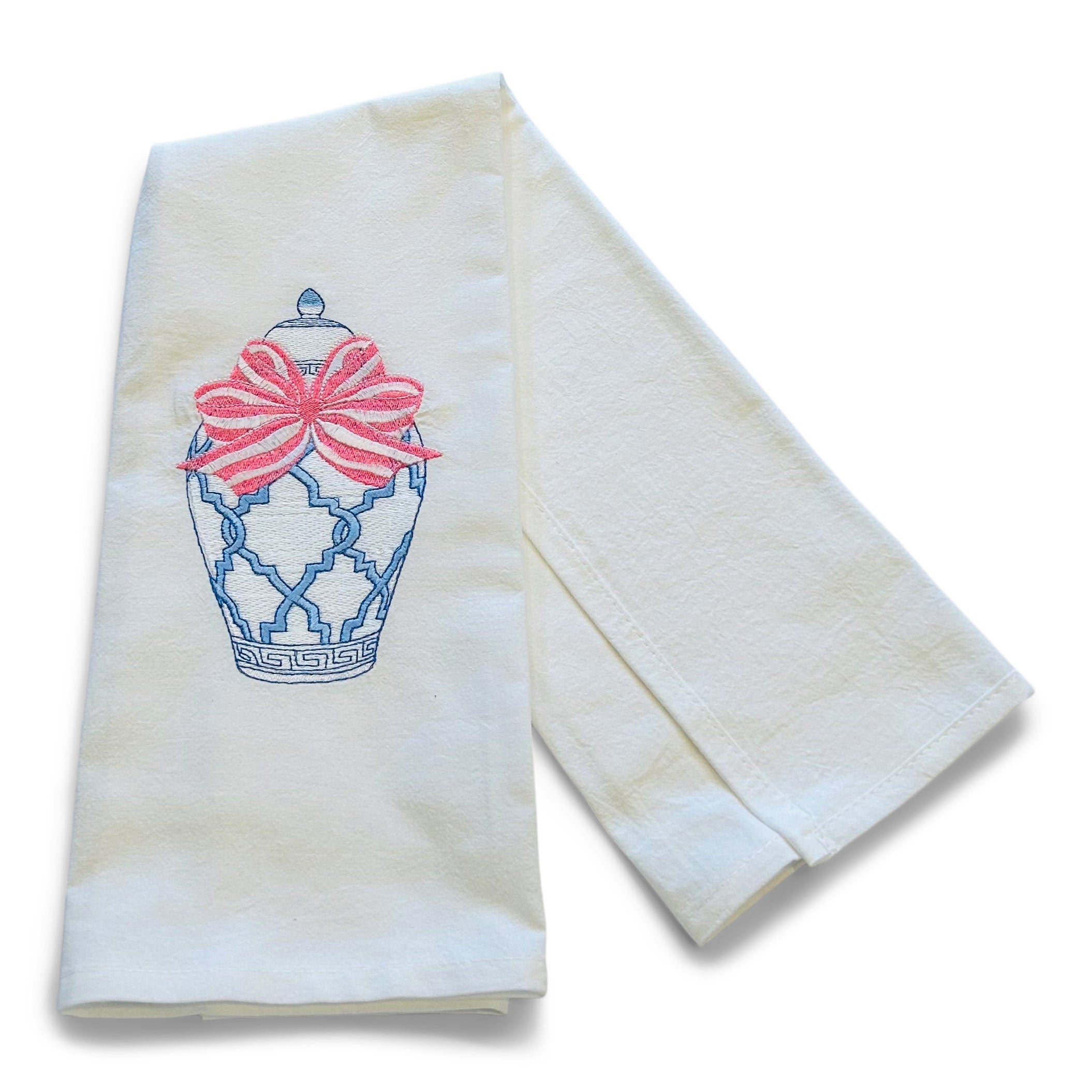 Chinoiserie Ginger Jar with Pink Bow Dish Towel