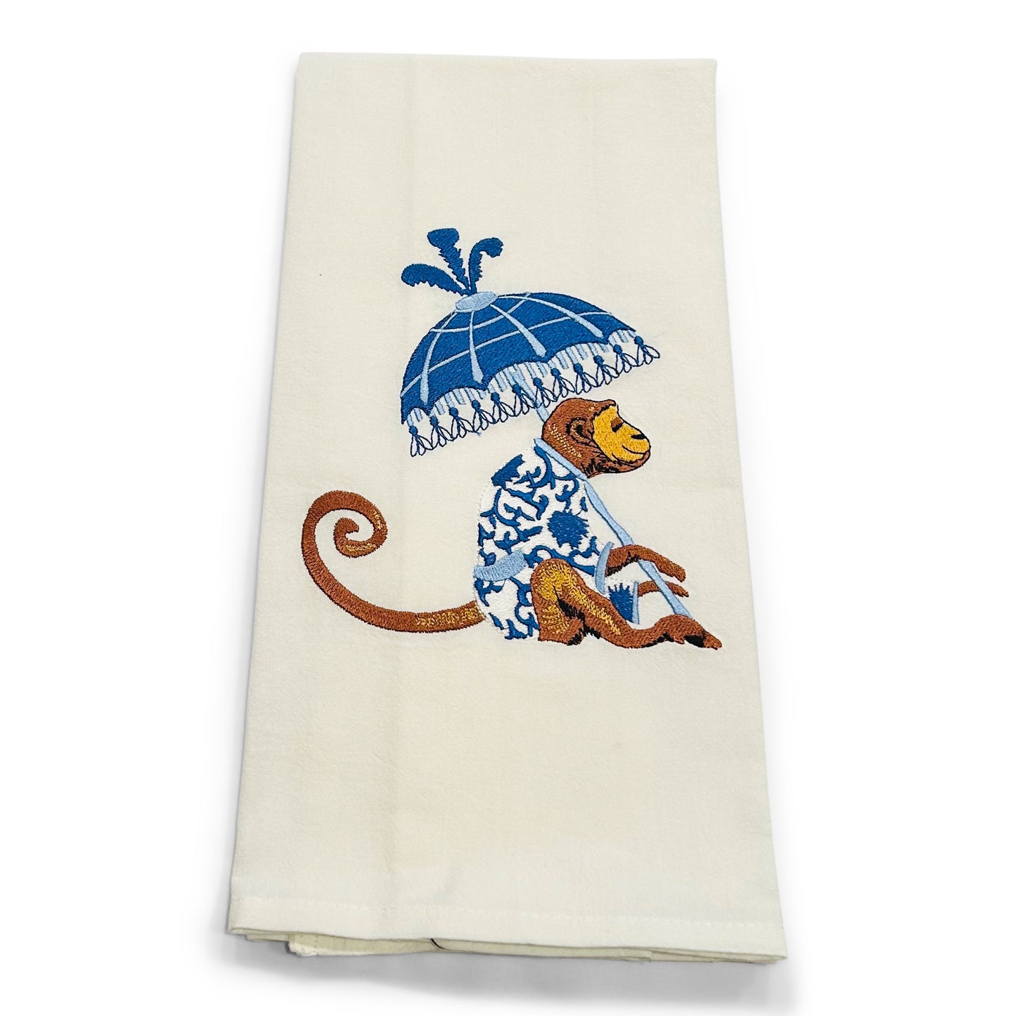Chinoiserie Monkey with Blue Umbrella Dish Towel