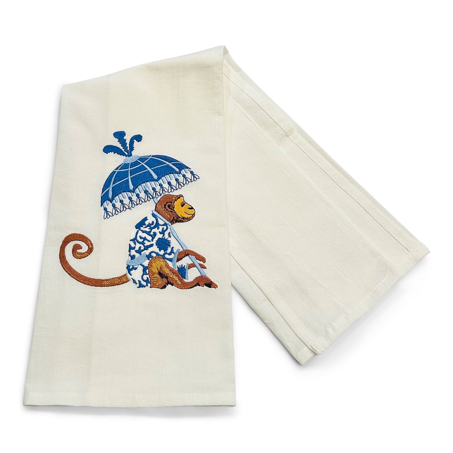 Chinoiserie Monkey with Blue Umbrella Dish Towel