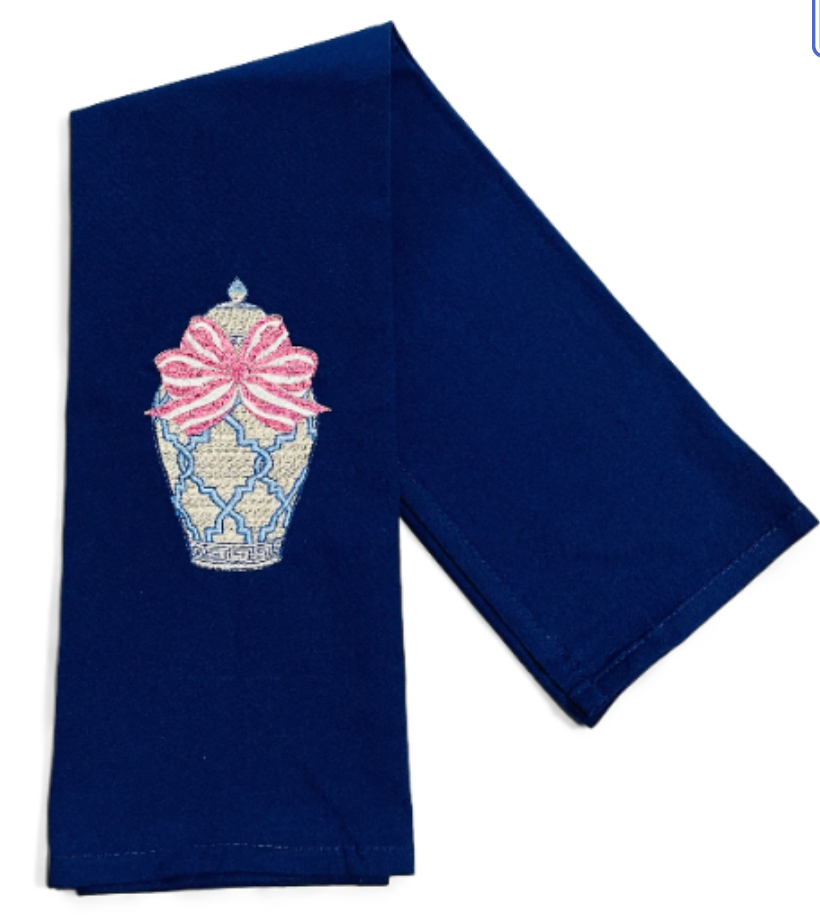 Chinoiserie Ginger Jar with Pink Bow Dish Towel