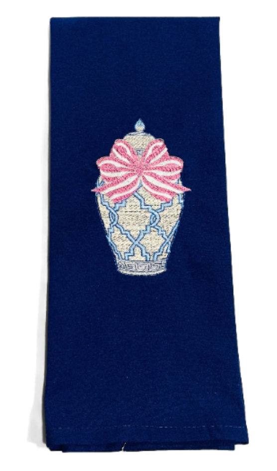 Chinoiserie Ginger Jar with Pink Bow Dish Towel