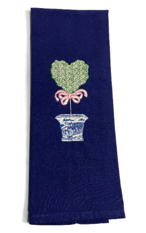 Chinoiserie Heart Topiary Pink Bow Dish Towel