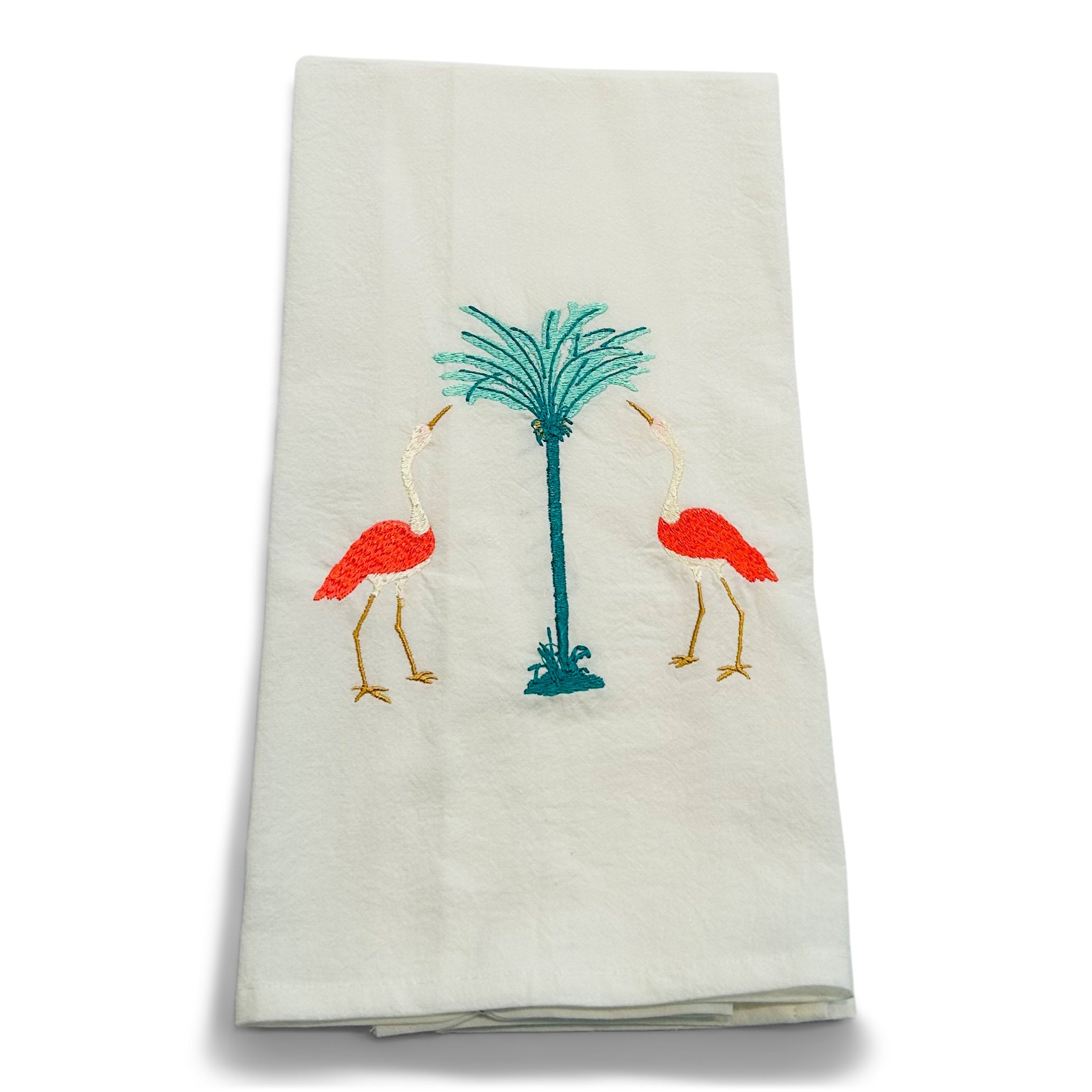 Cranes (Coral) with Teal Palm Trees on white