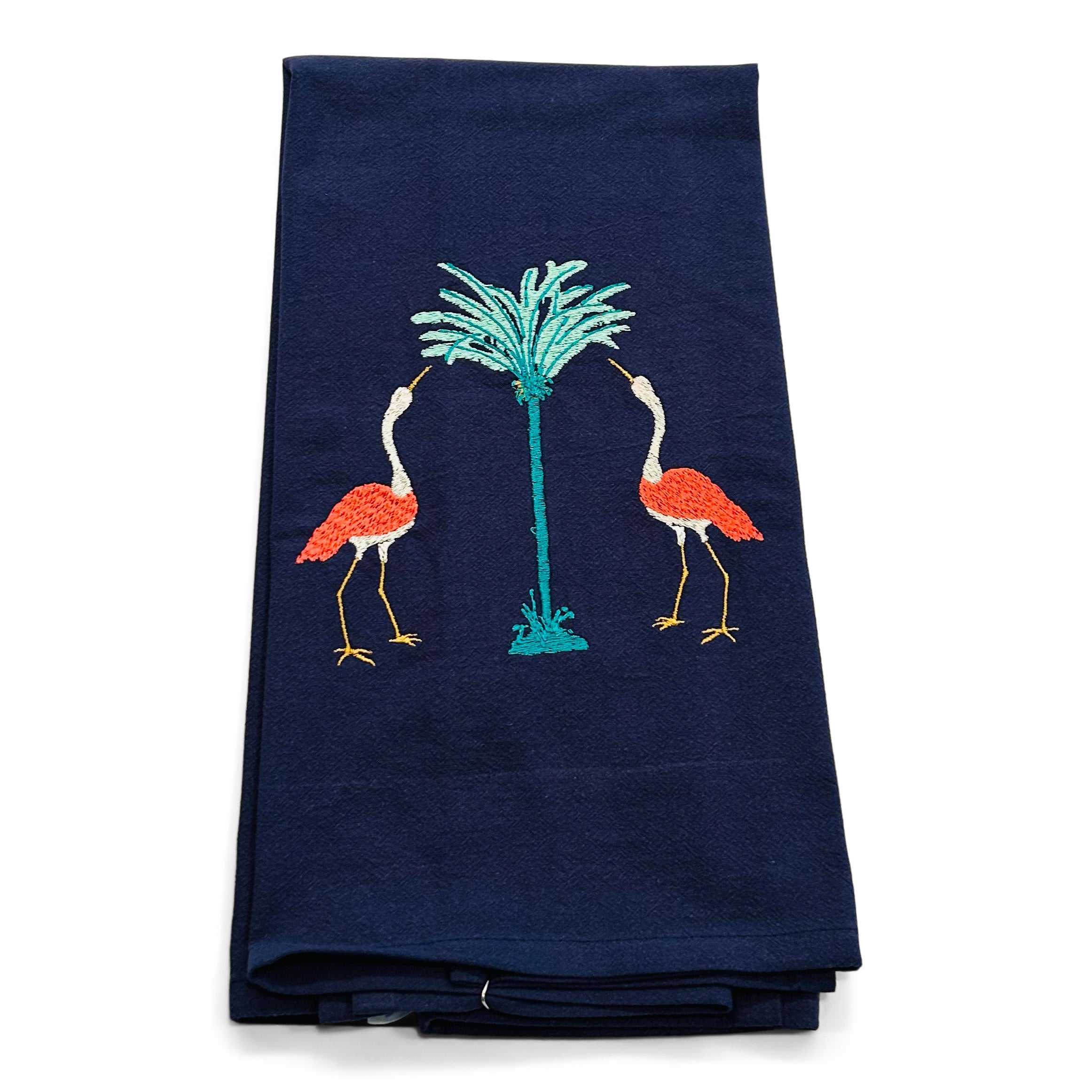 Cranes (Coral) with Teal Palm Trees on navy