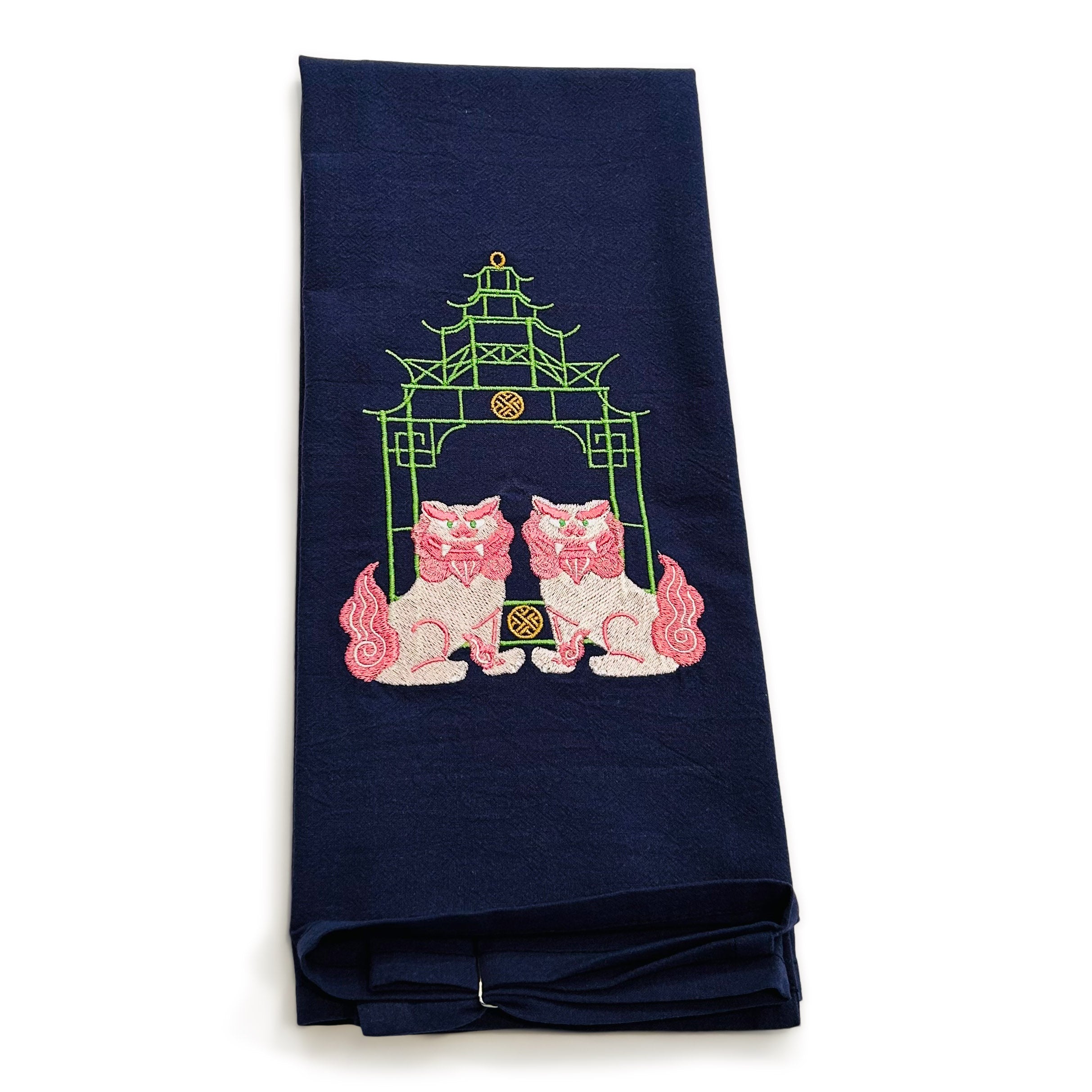 Pink Shisa Lions with Green Pagoda on navy