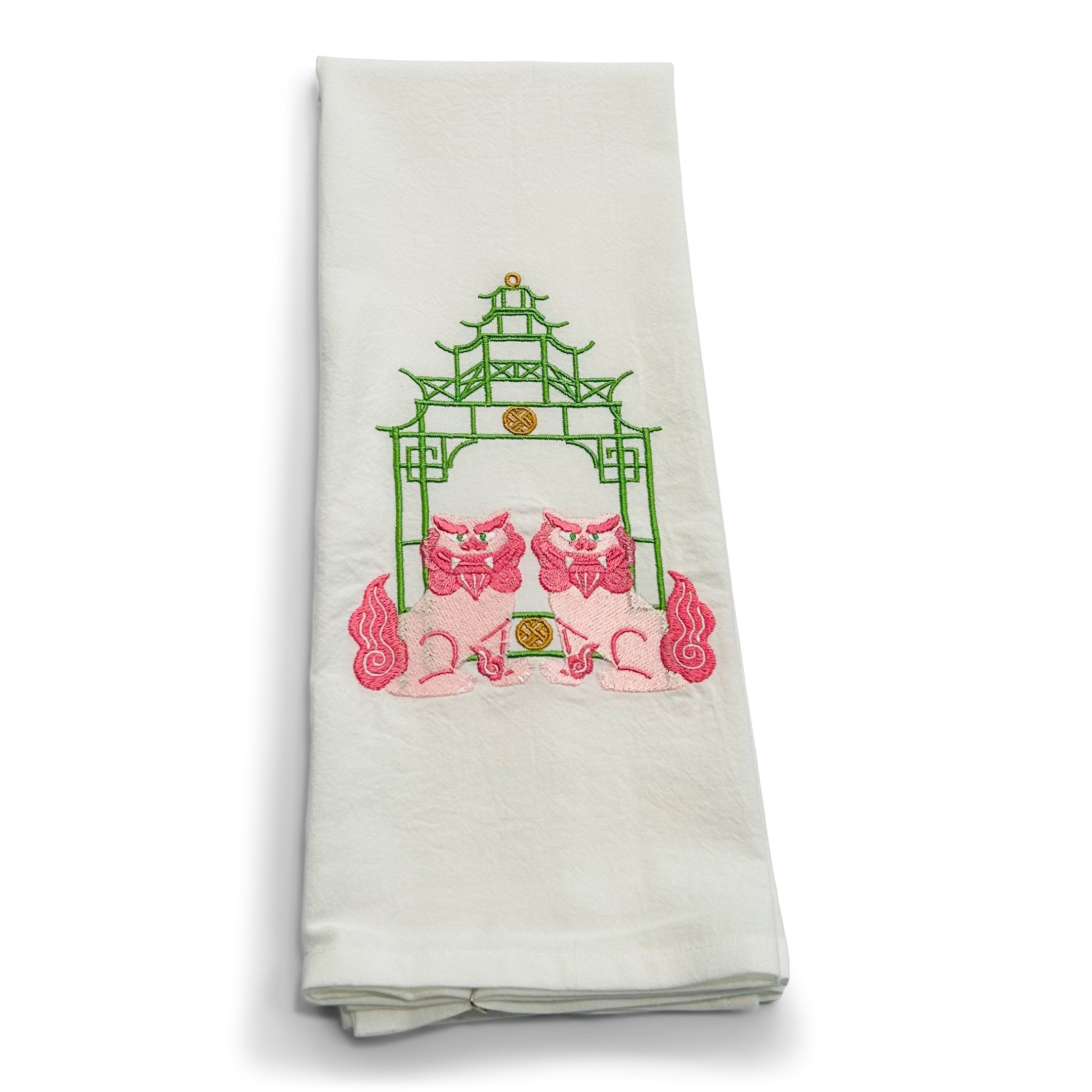 Pink Shisa Lions with Green Pagoda on white