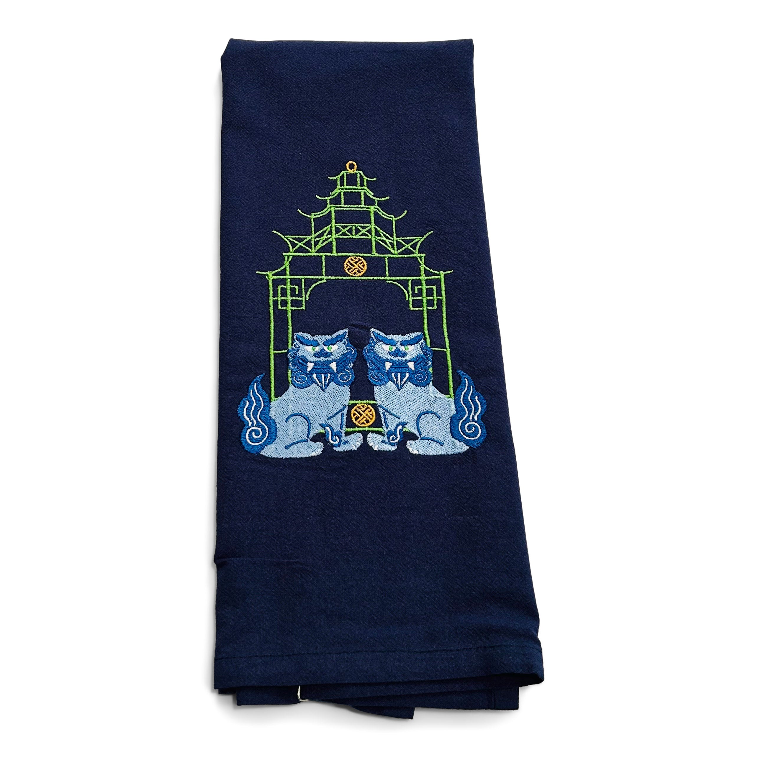 Blue Shisa Lions with Green Pagoda on navy