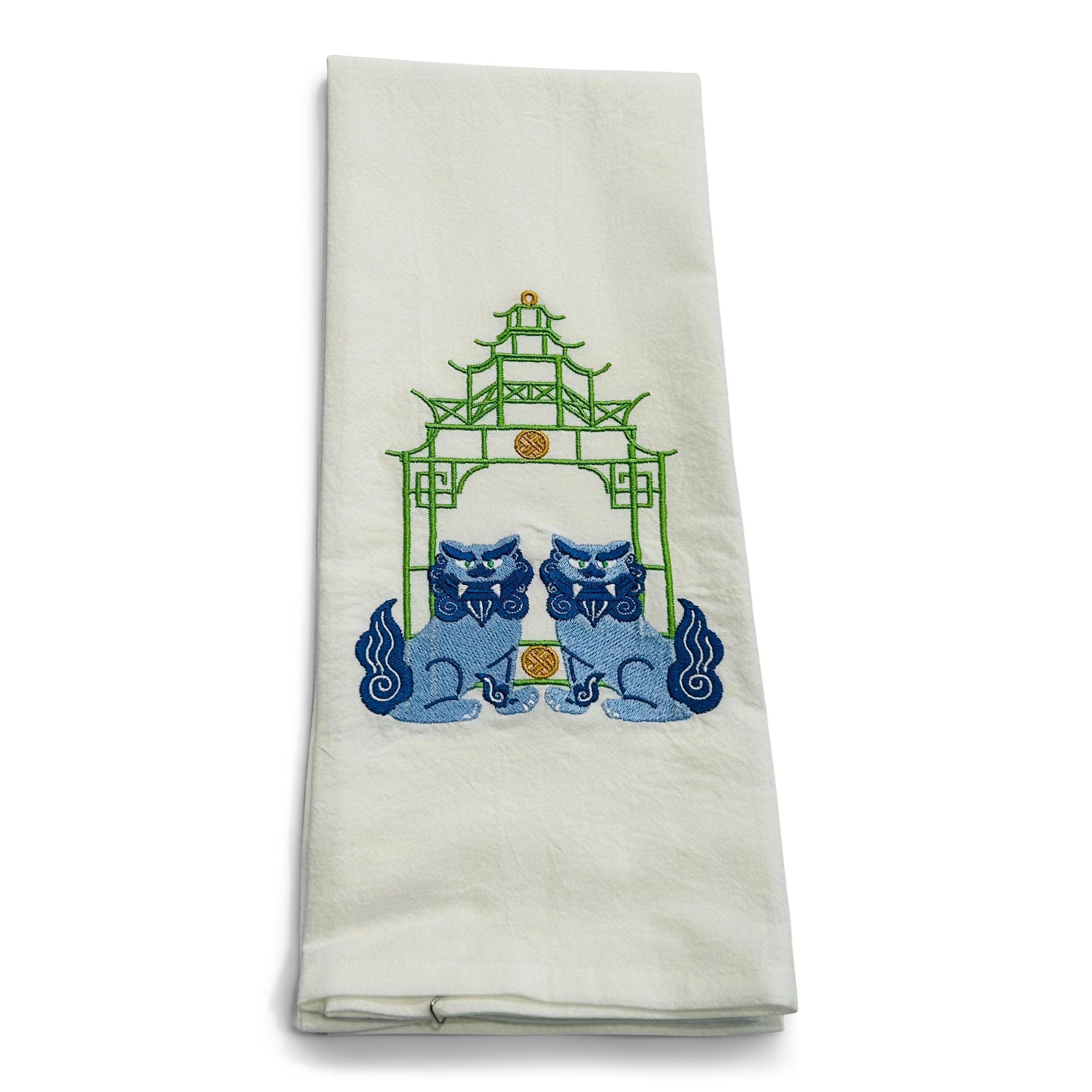 Blue Shisa Lions with Green Pagoda on white