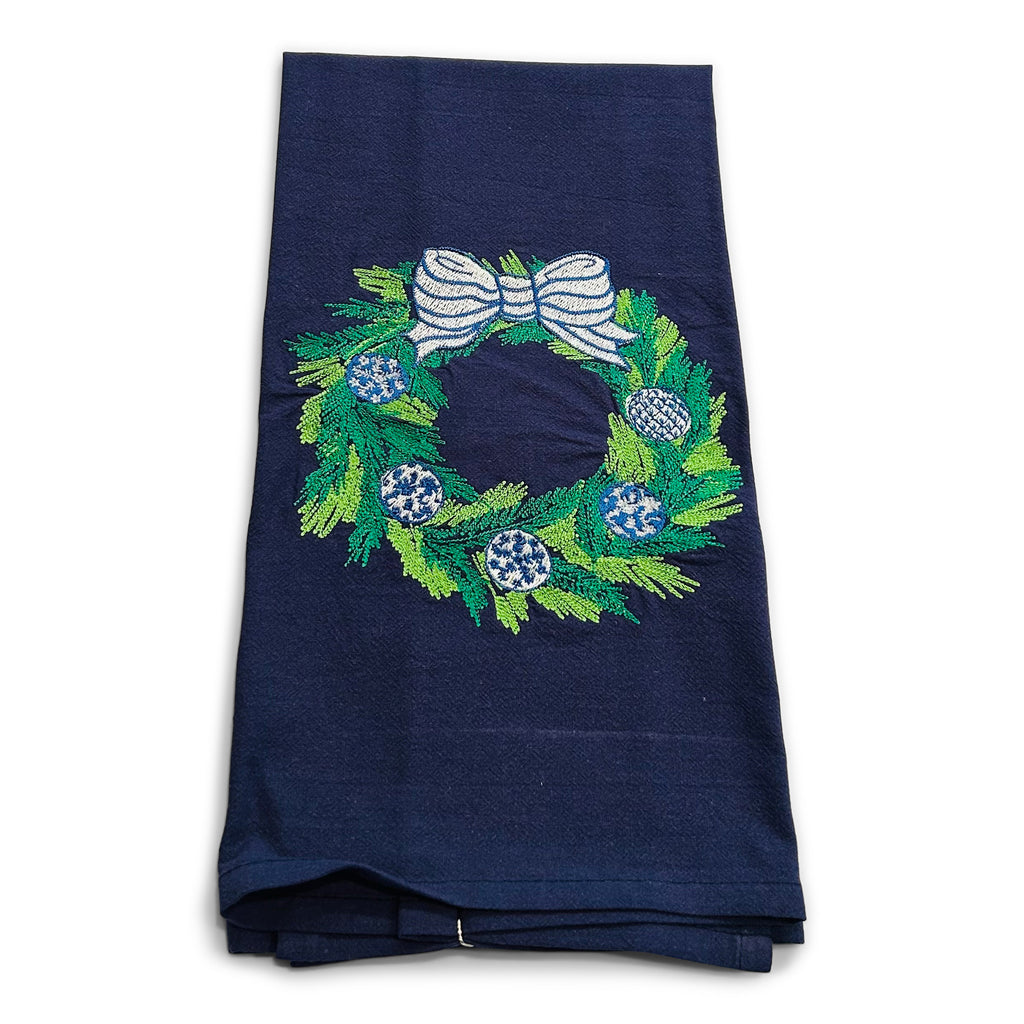 Chinoiserie Wreath with Blue Ornaments on navy