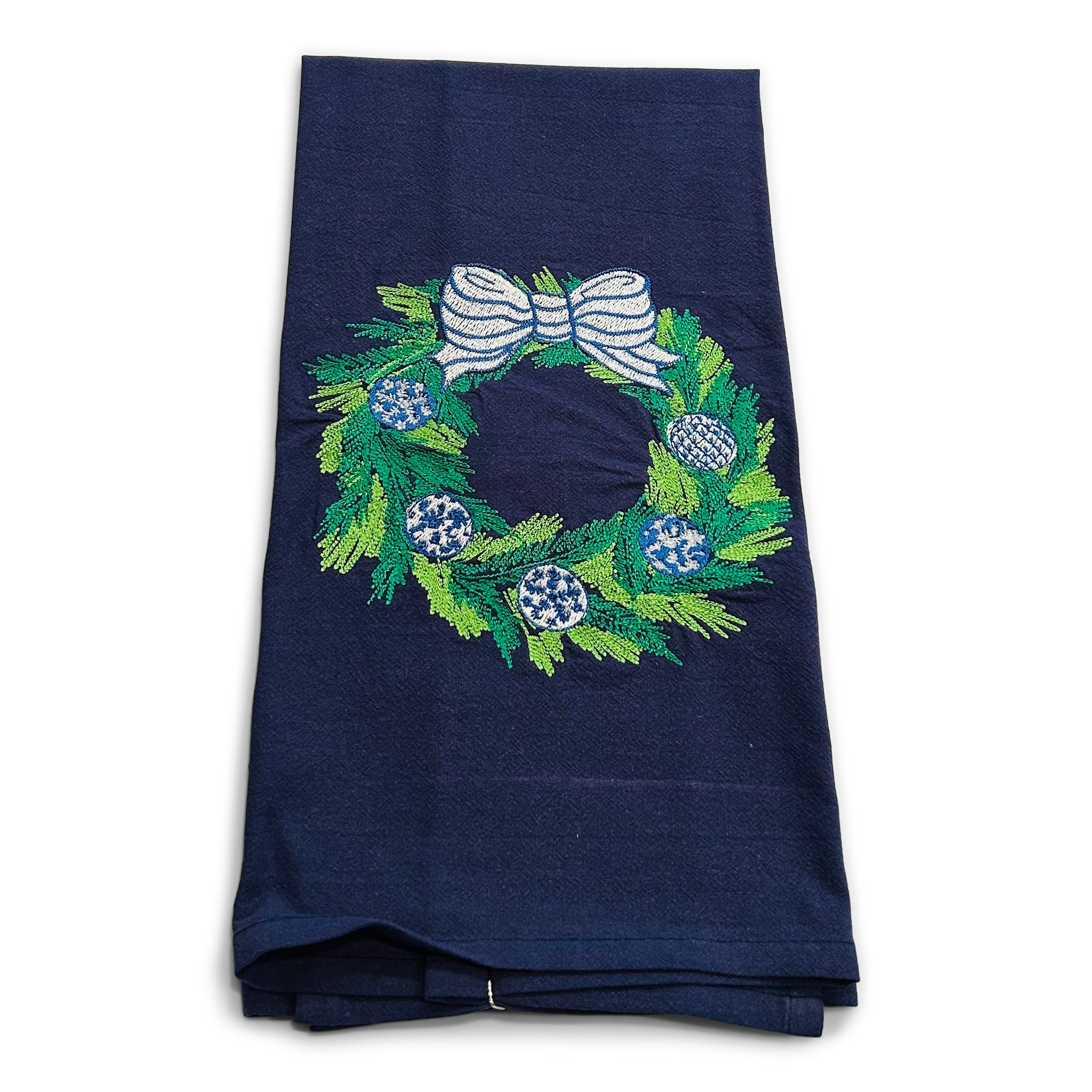 Chinoiserie Wreath with Blue Ornaments on navy