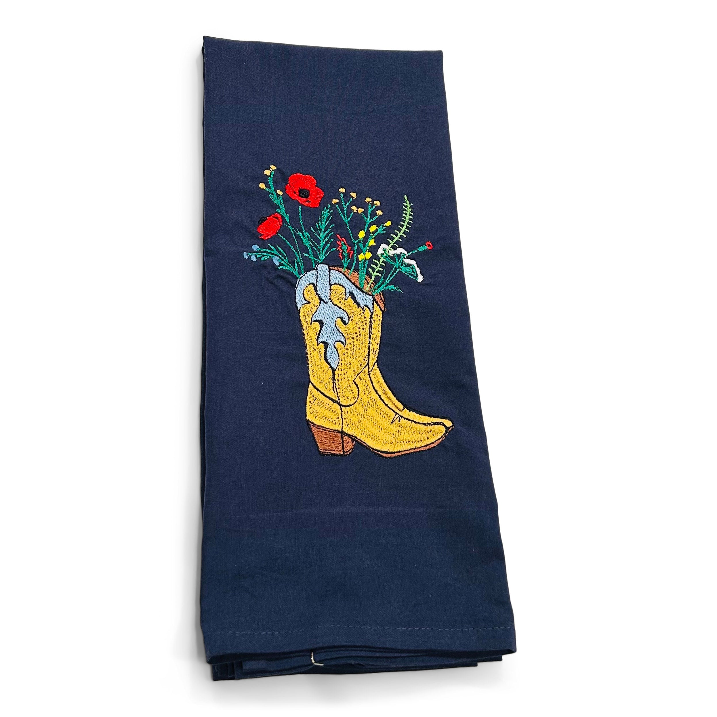 Cowboy Boots Gold with Wildflowers on navy