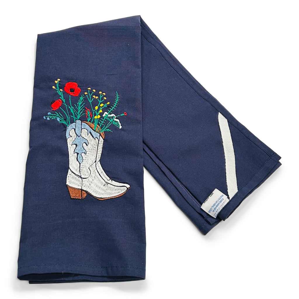 Cowboy Boots White with Wildflowers on navy