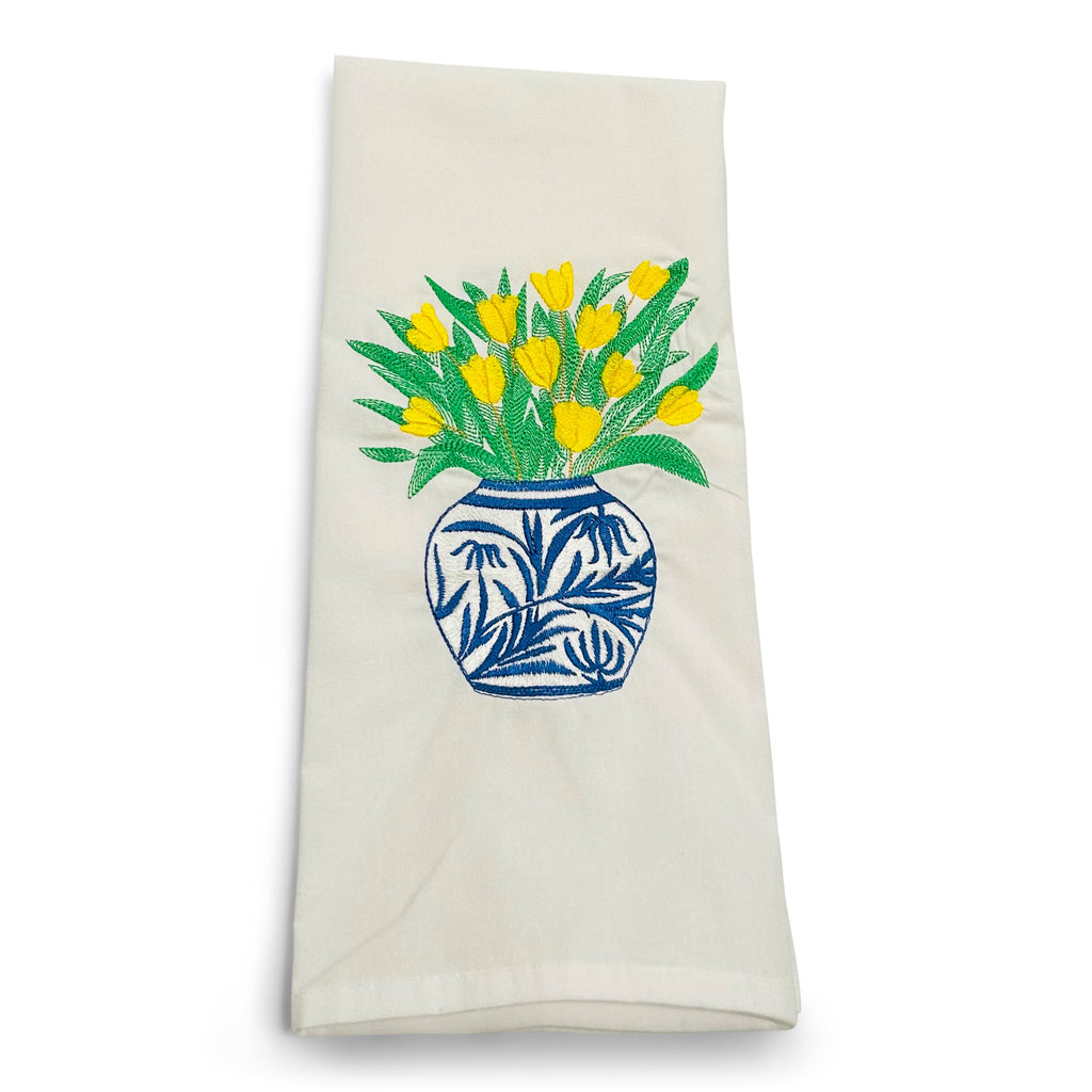 Yellow Tulips in Blue Planter on white