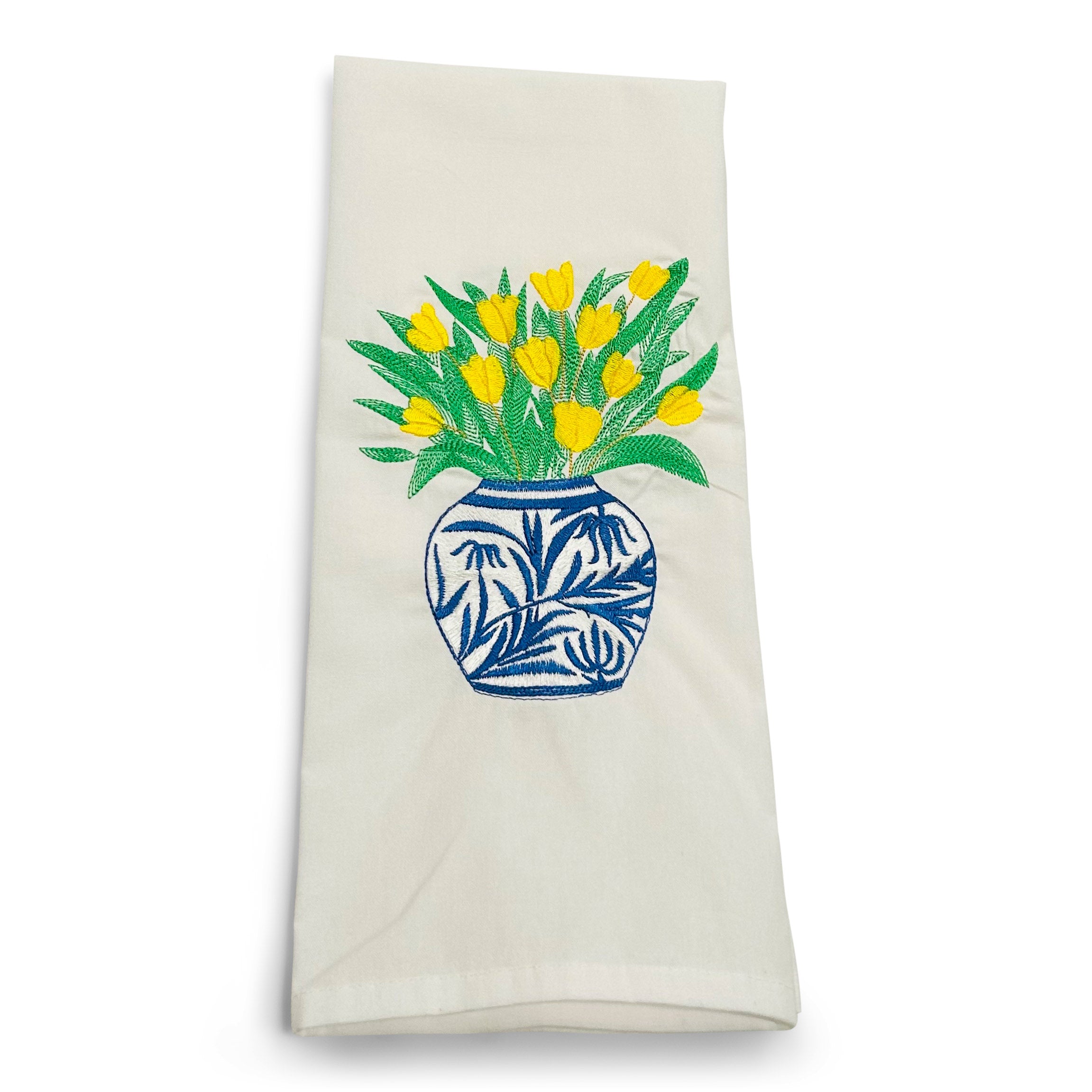 Yellow Tulips in Blue Planter on white