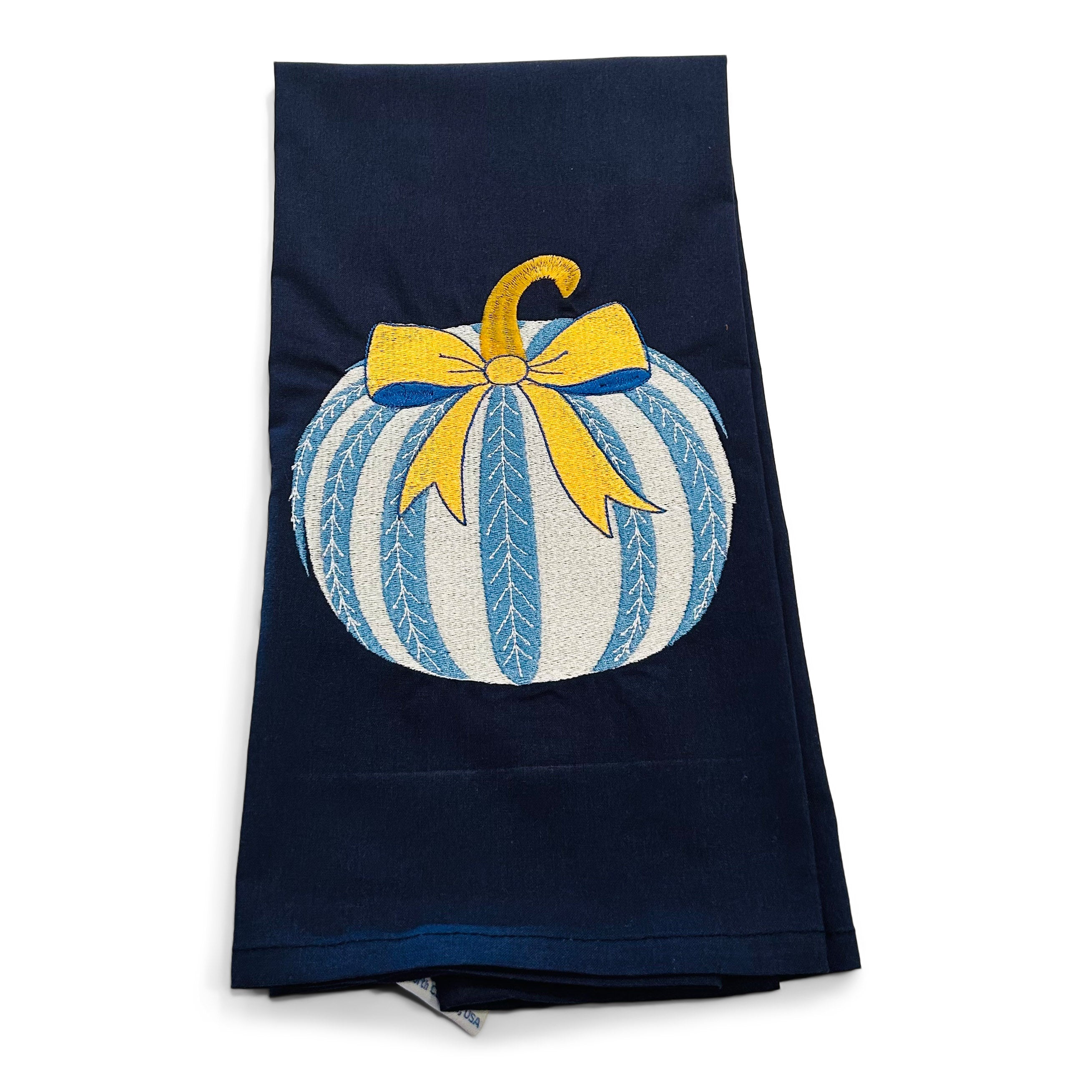 Blue and White Striped Pumpkin with Orange Bow on navy