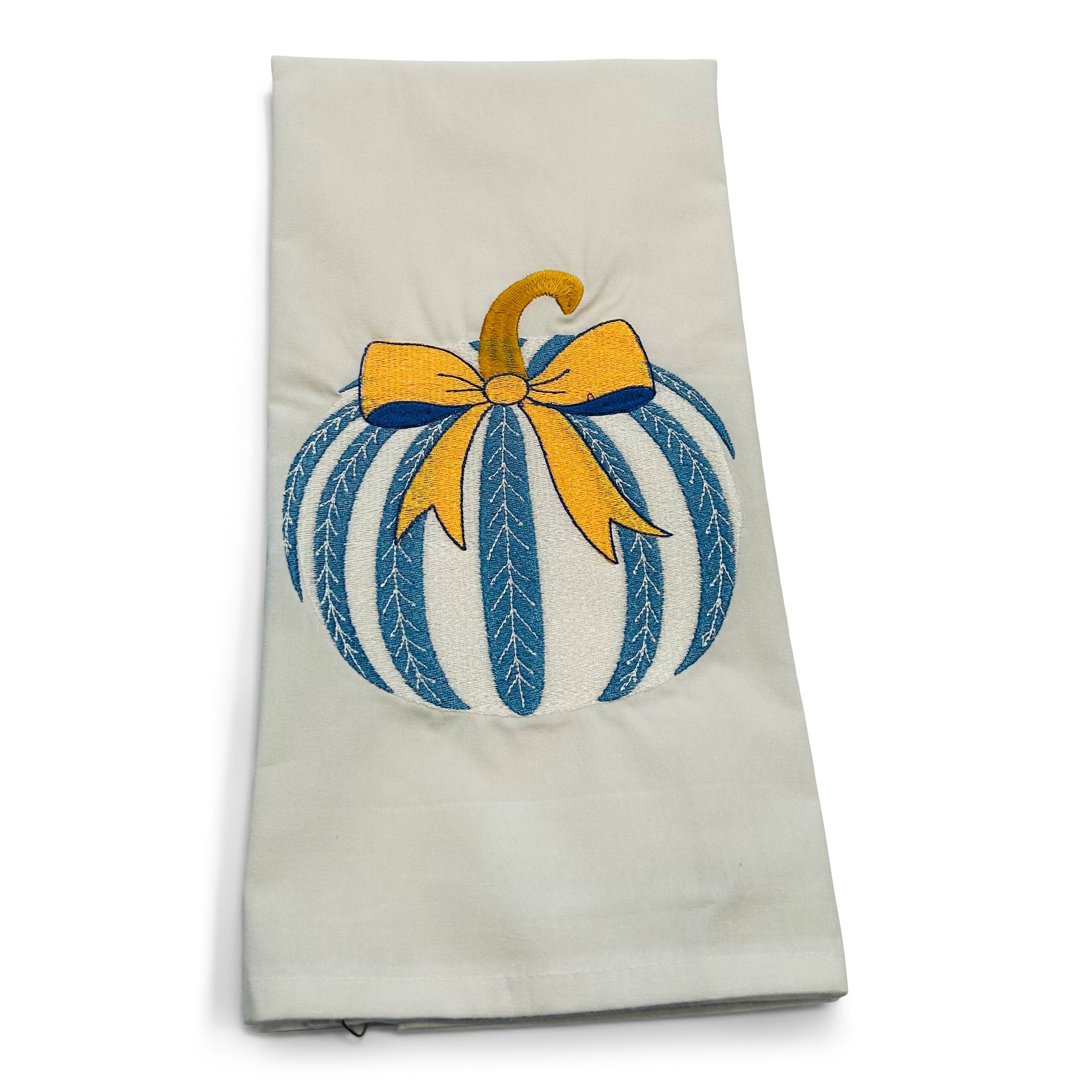 Blue and White Striped Pumpkin with Orange Bow on white