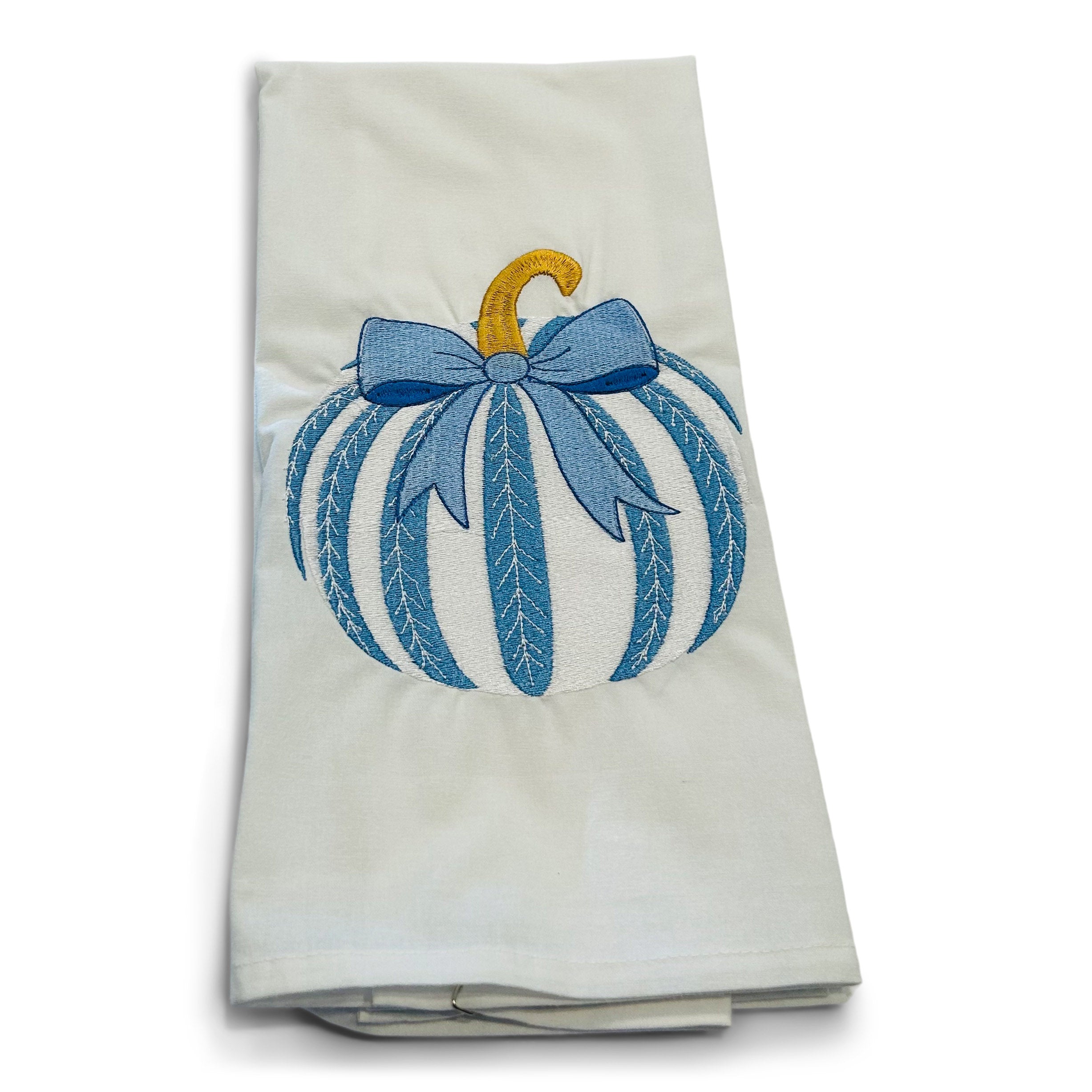 Blue and White Striped Pumpkin with Blue Bow on white