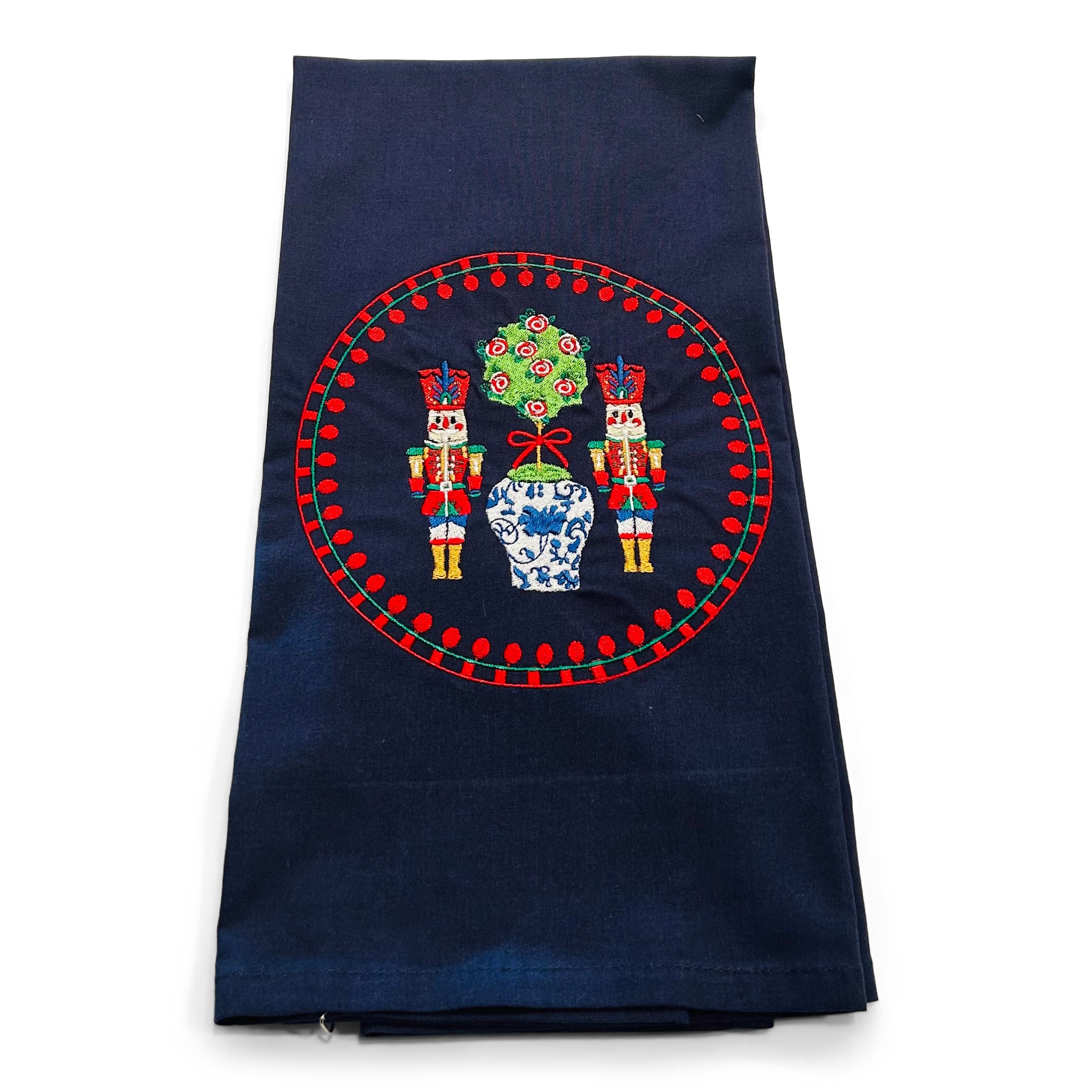 Traditional Nutcrackers with Pom-Pom Trim on navy