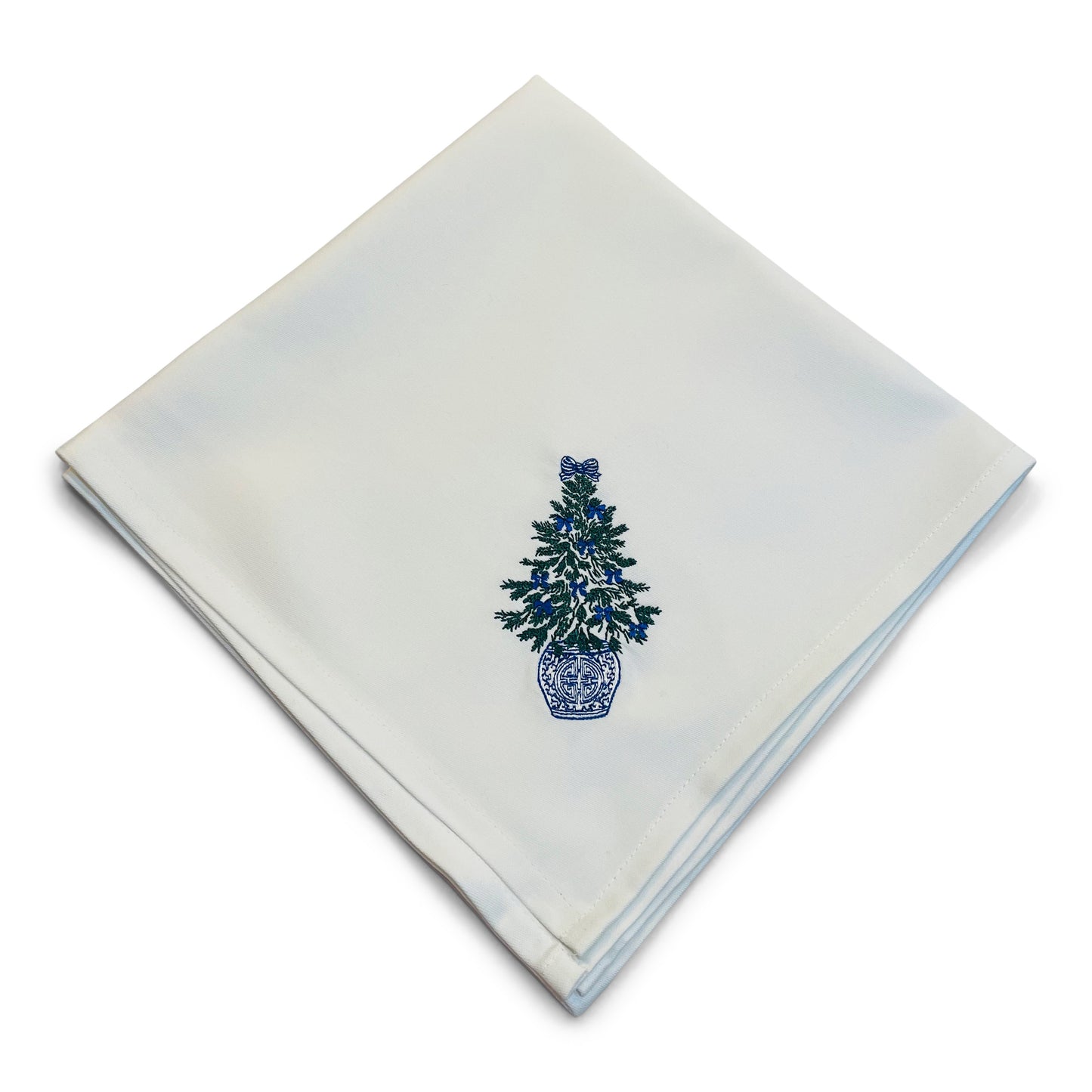 Napkin - Single - Christmas Tree w Blue Bows in Chinoiserie Planter