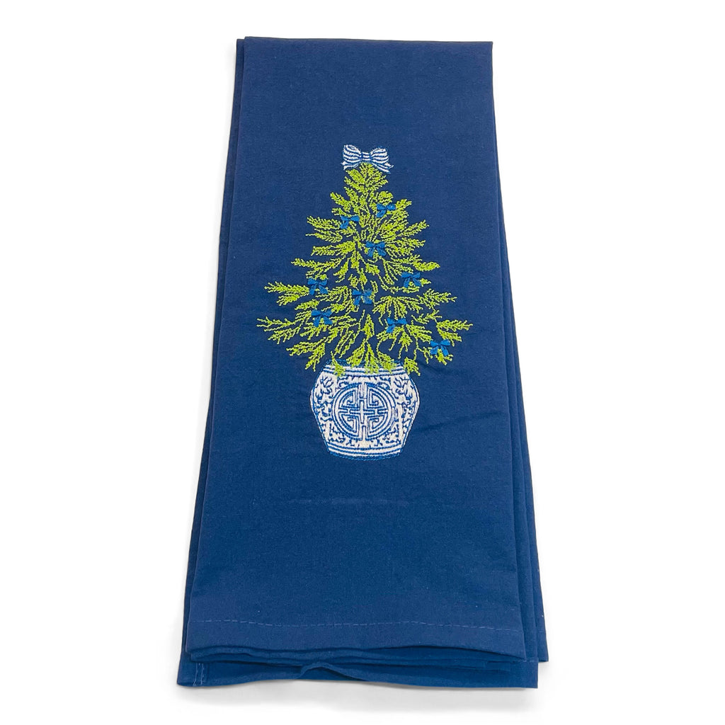 Chinoiserie Christmas Towel with Blue Bows