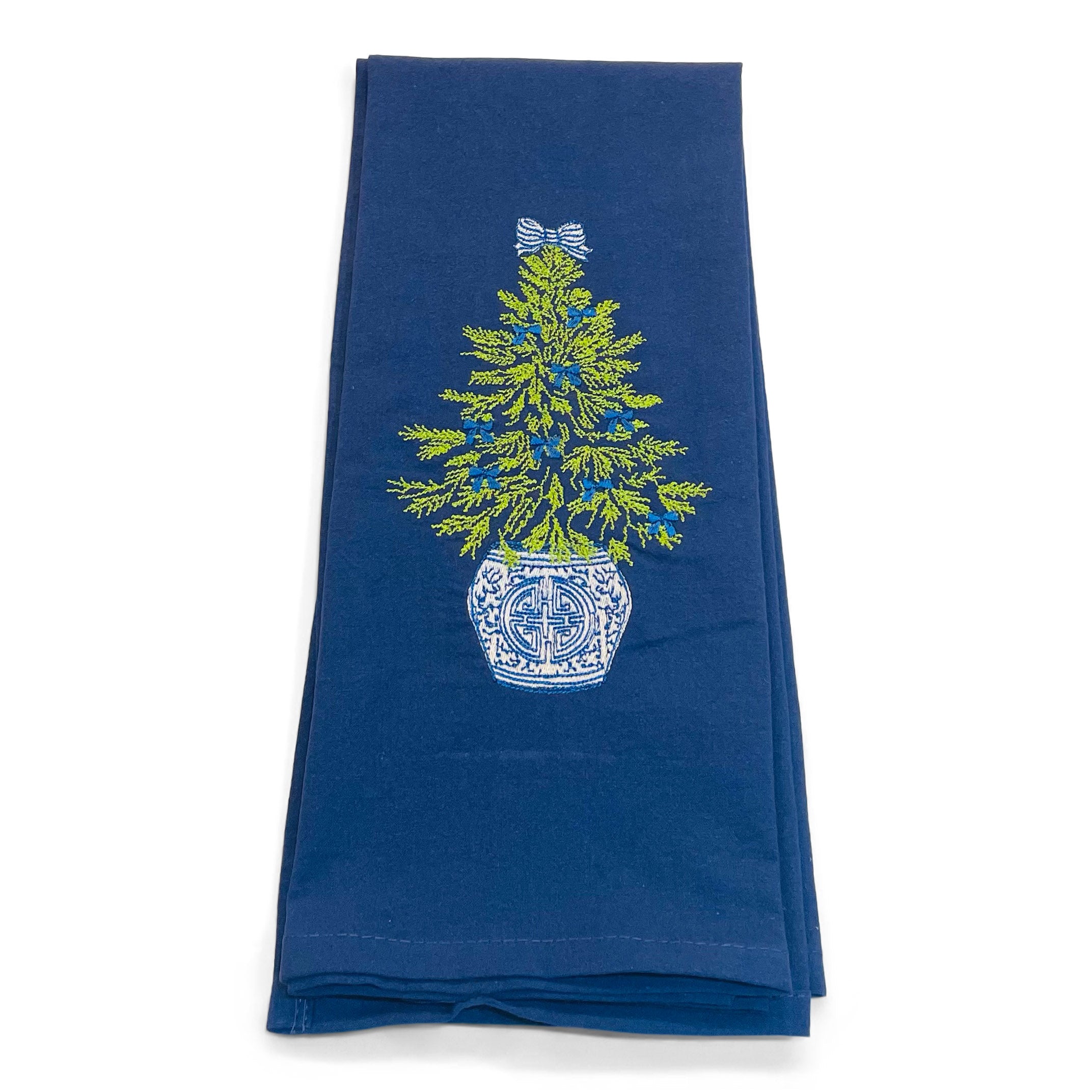Chinoiserie Christmas Towel with Blue Bows