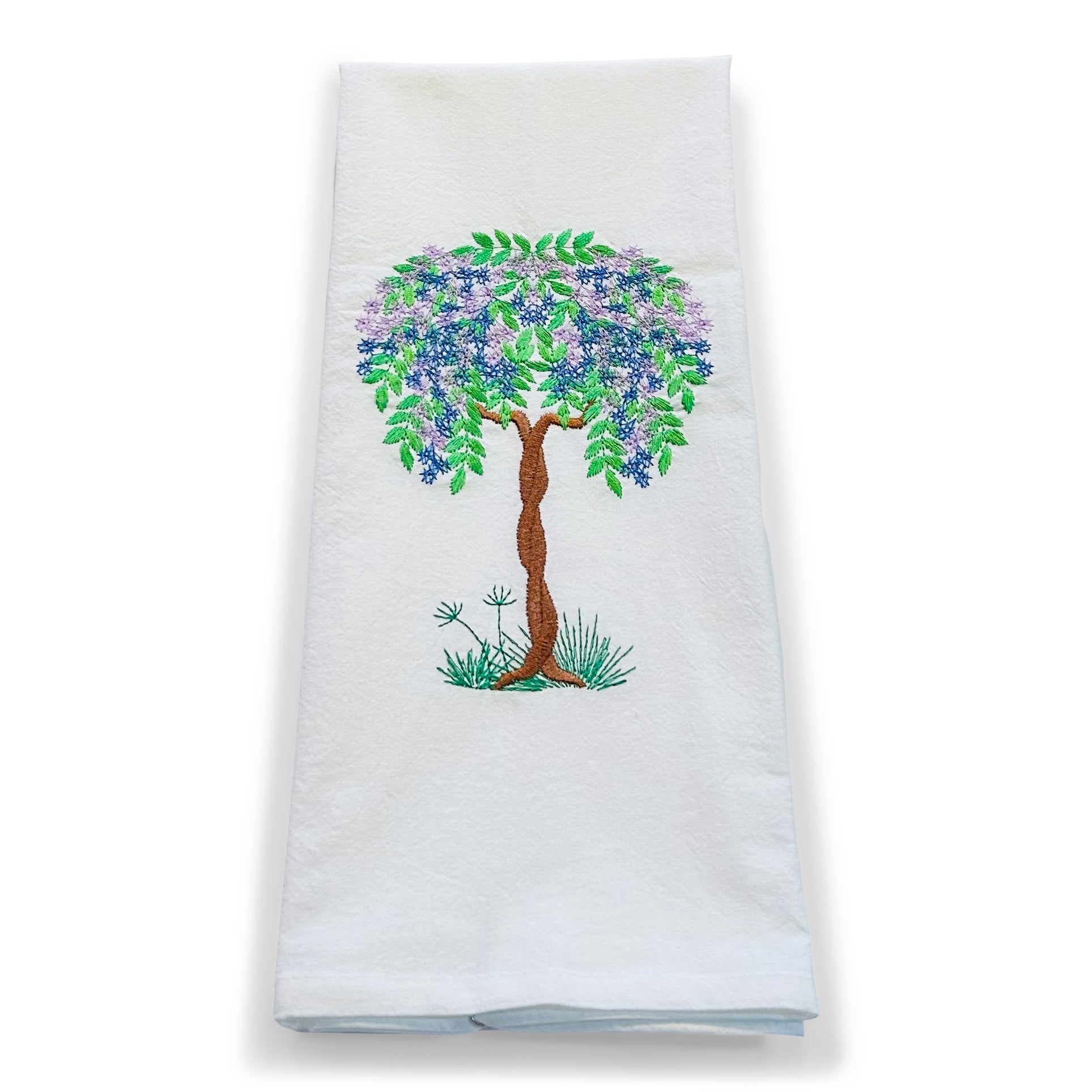 English Willow Tree with Purple and Blue Flowers
