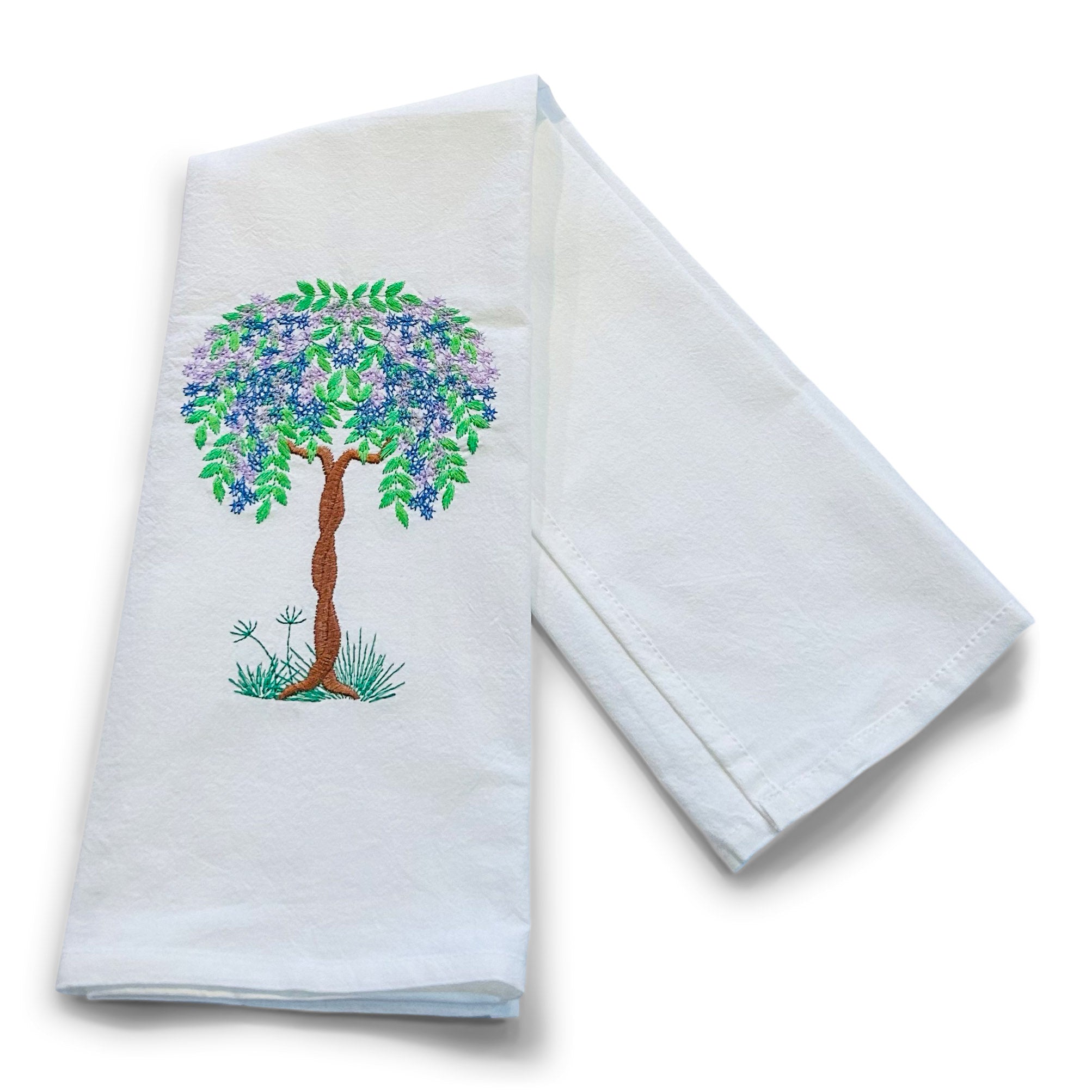 English Willow Tree with Purple and Blue Flowers