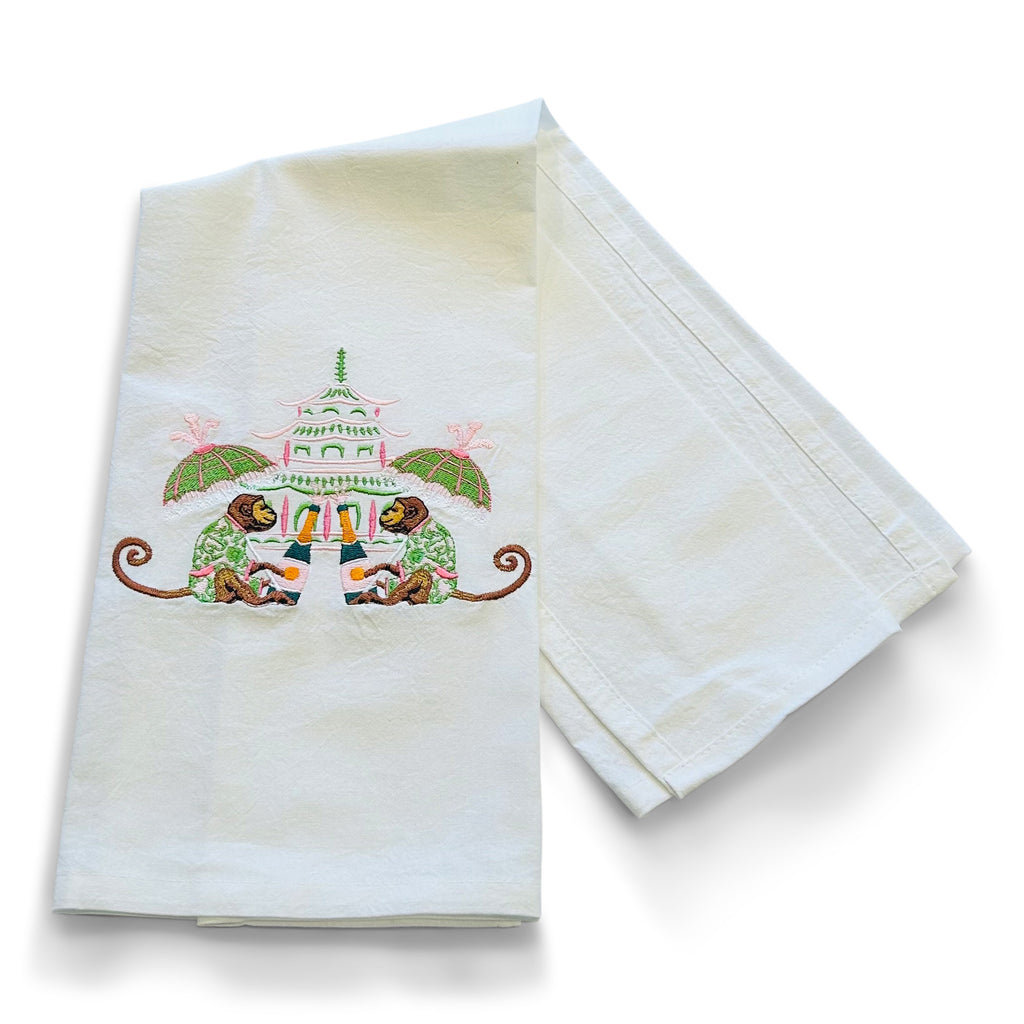 Chinoiserie Monkeys Celebrating Dish Towel