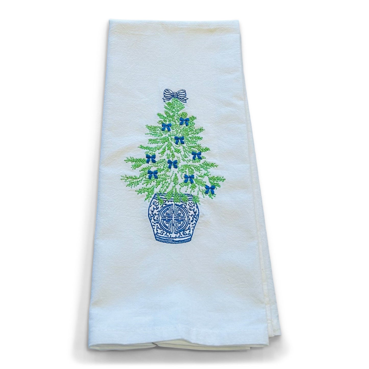 Chinoiserie Christmas Towel with Blue Bows