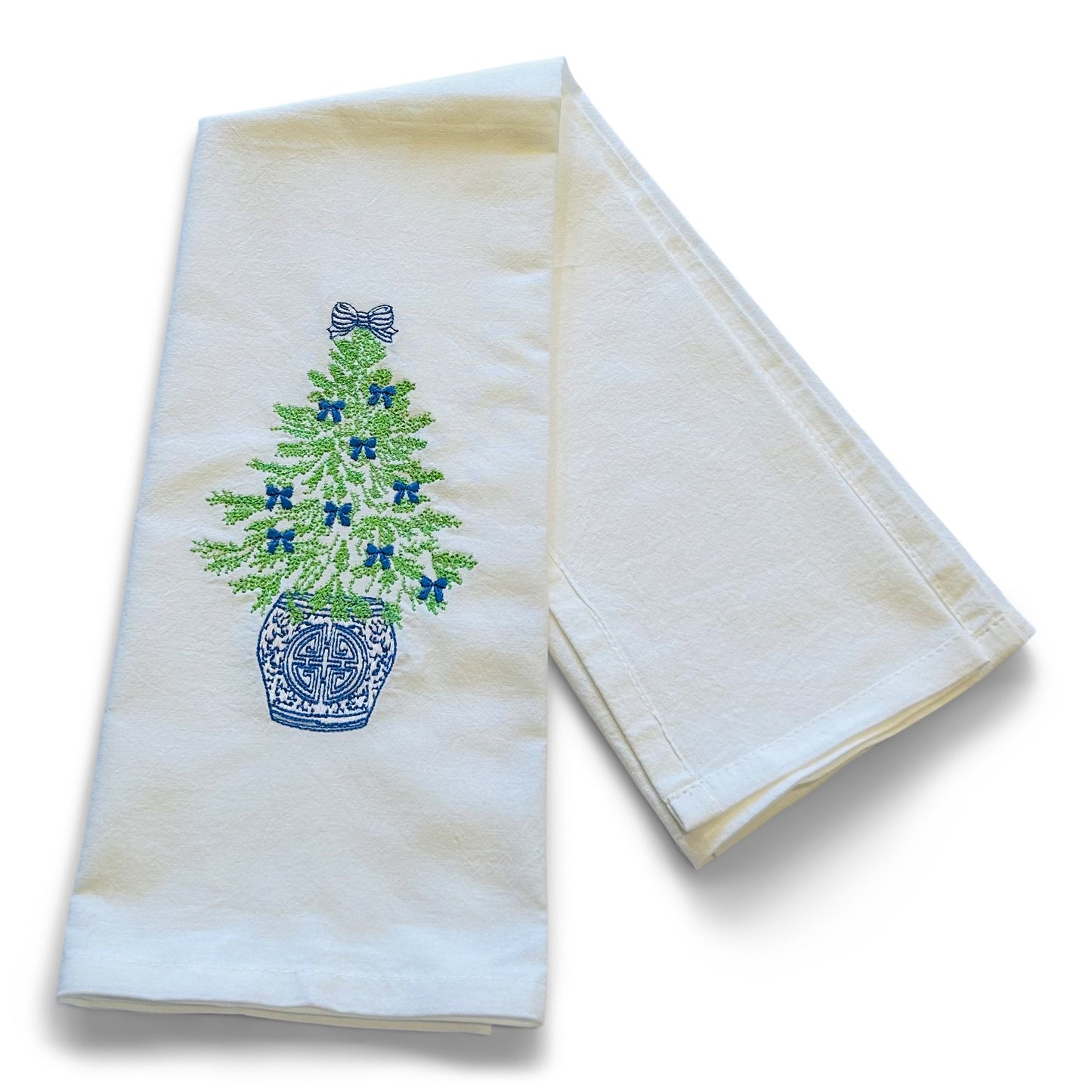 Chinoiserie Christmas Towel with Blue Bows