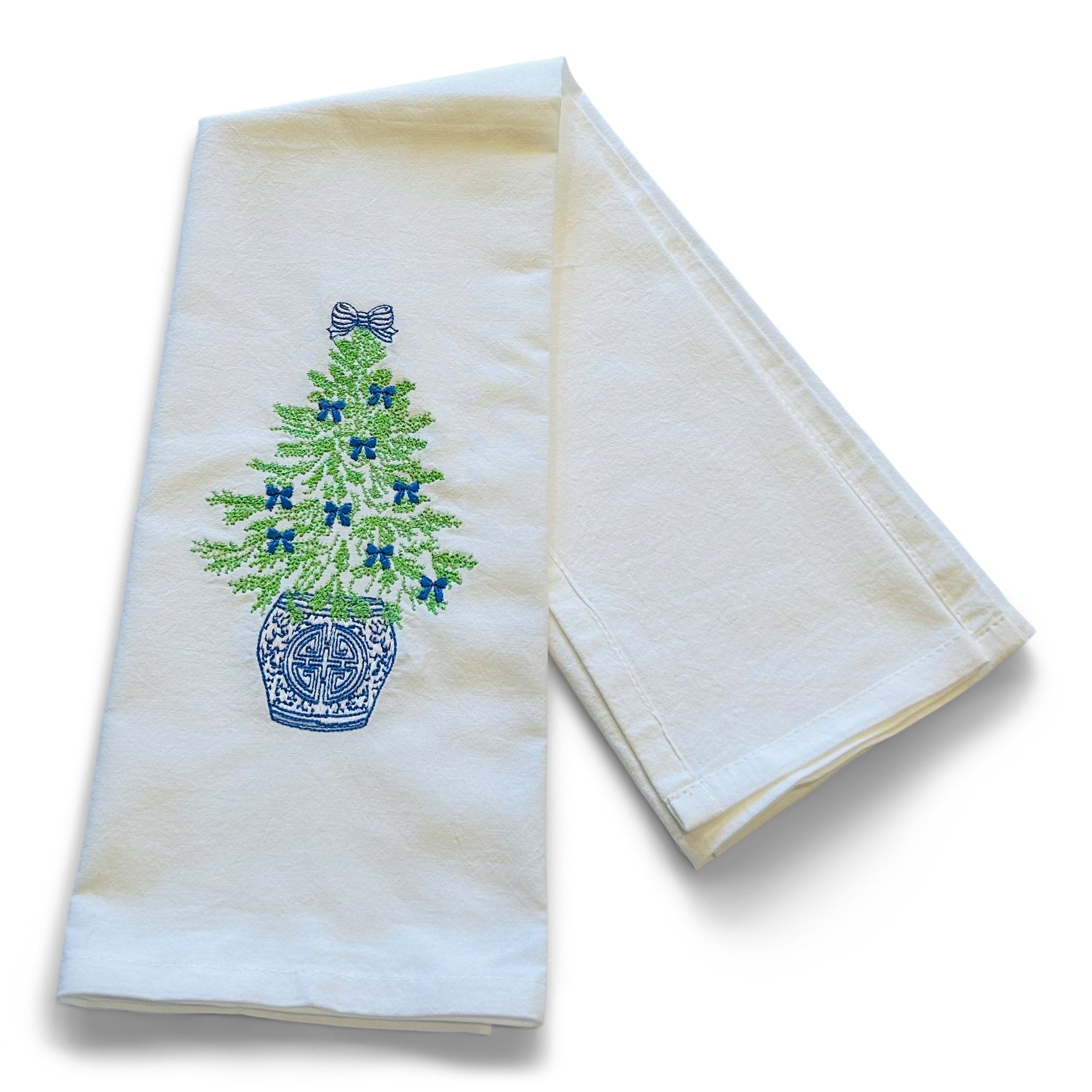 Chinoiserie Christmas Towel with Blue Bows
