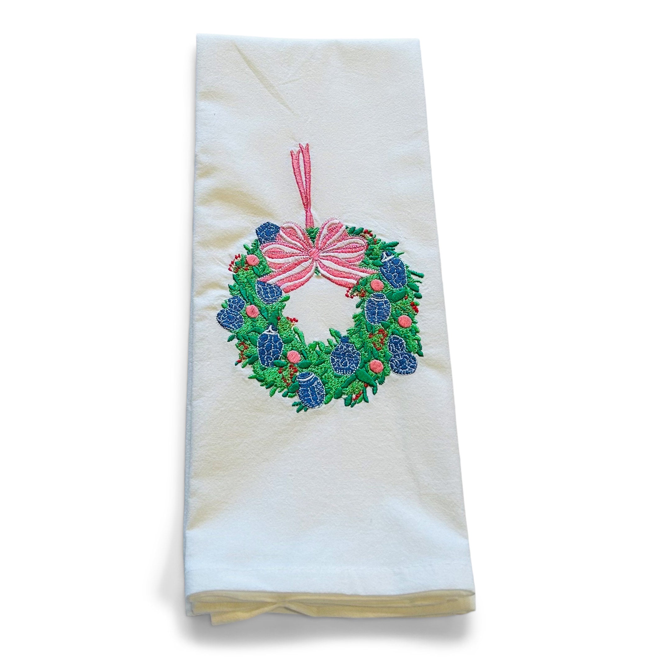 Chinoiserie Wreath with Ginger Jar Ornaments - Pink Bow