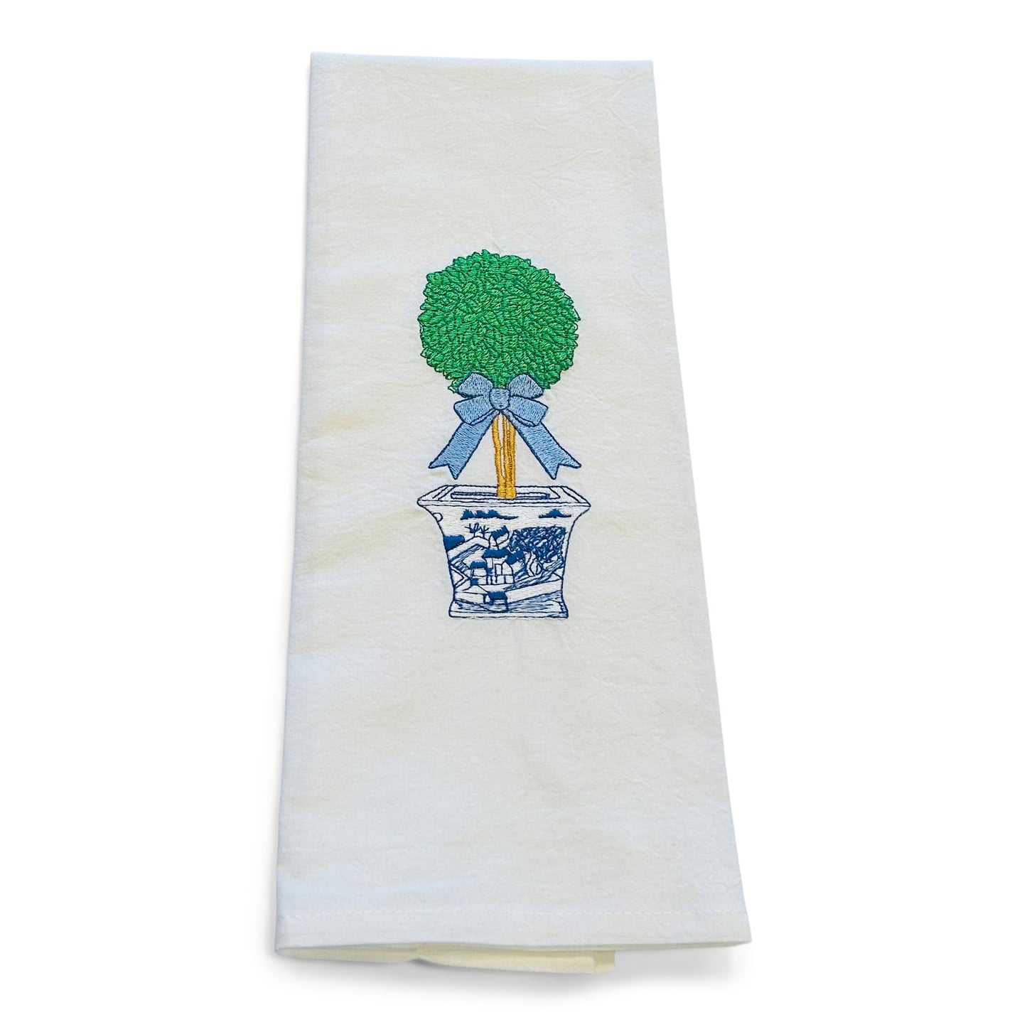 Chinoiserie Topiary with Blue Bow Dish Towel