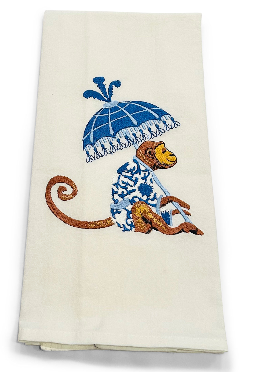 Chinoiserie Monkey with Blue Umbrella on white