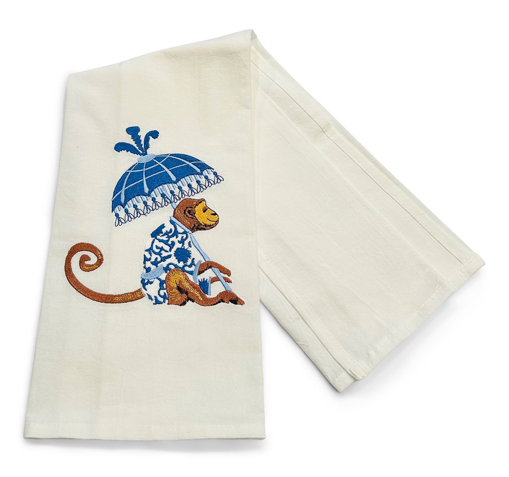 Chinoiserie Monkey with Blue Umbrella on white
