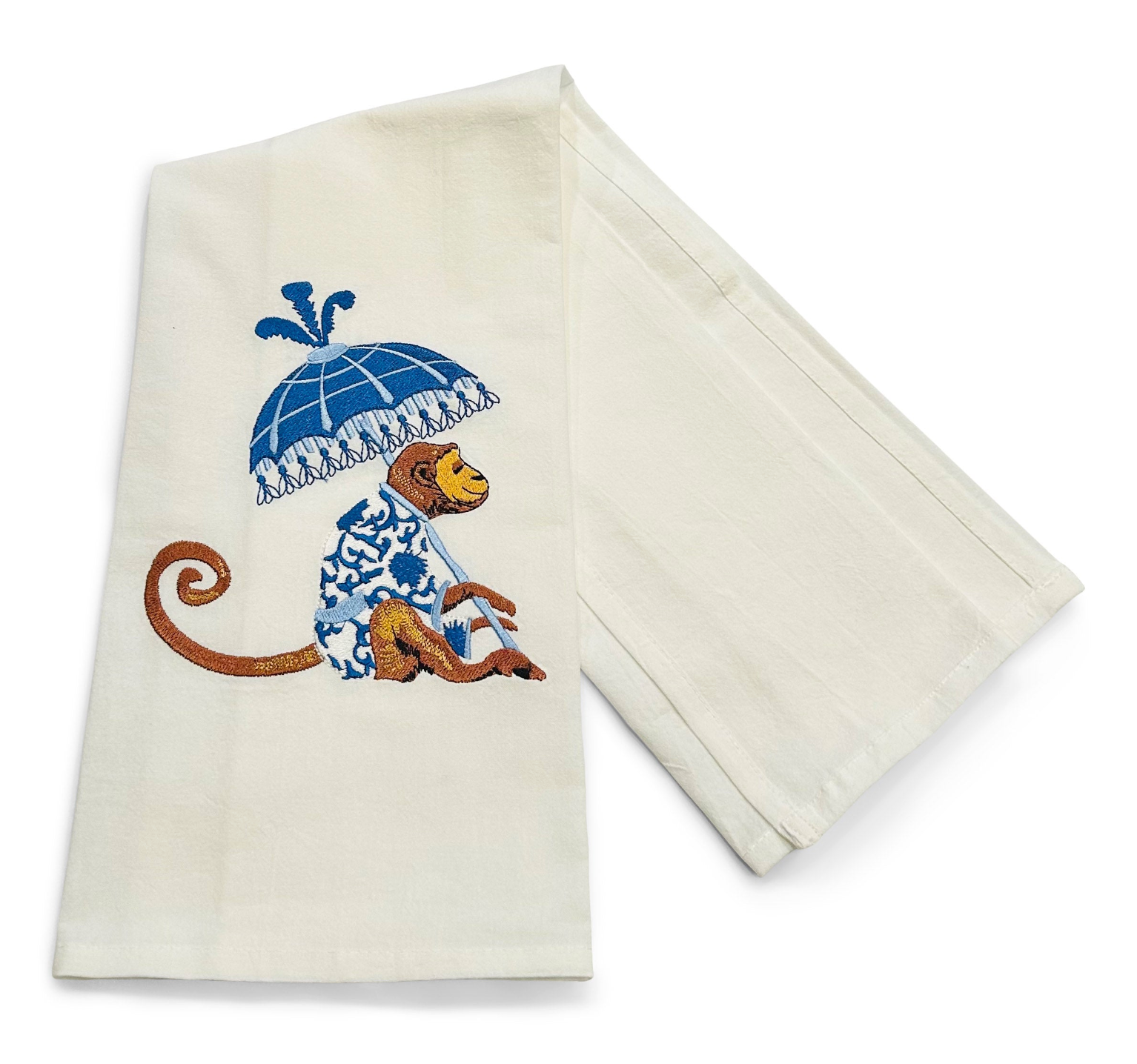Chinoiserie Monkey with Blue Umbrella on white