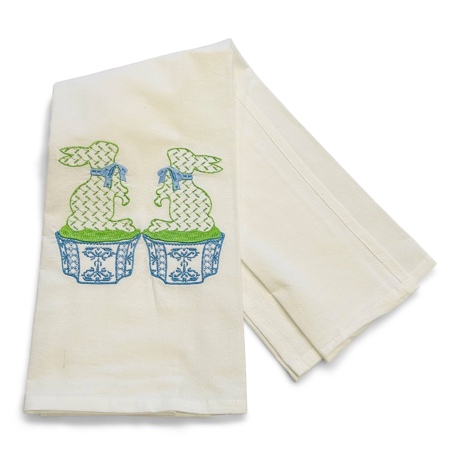 Pair of Fishtail Bunny Topiaries - Green Bunnies on white