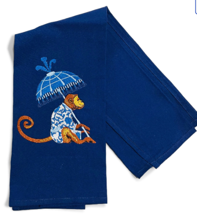Chinoiserie Monkey with Blue Umbrella Dish Towel