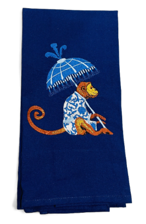 Chinoiserie Monkey with Blue Umbrella Dish Towel